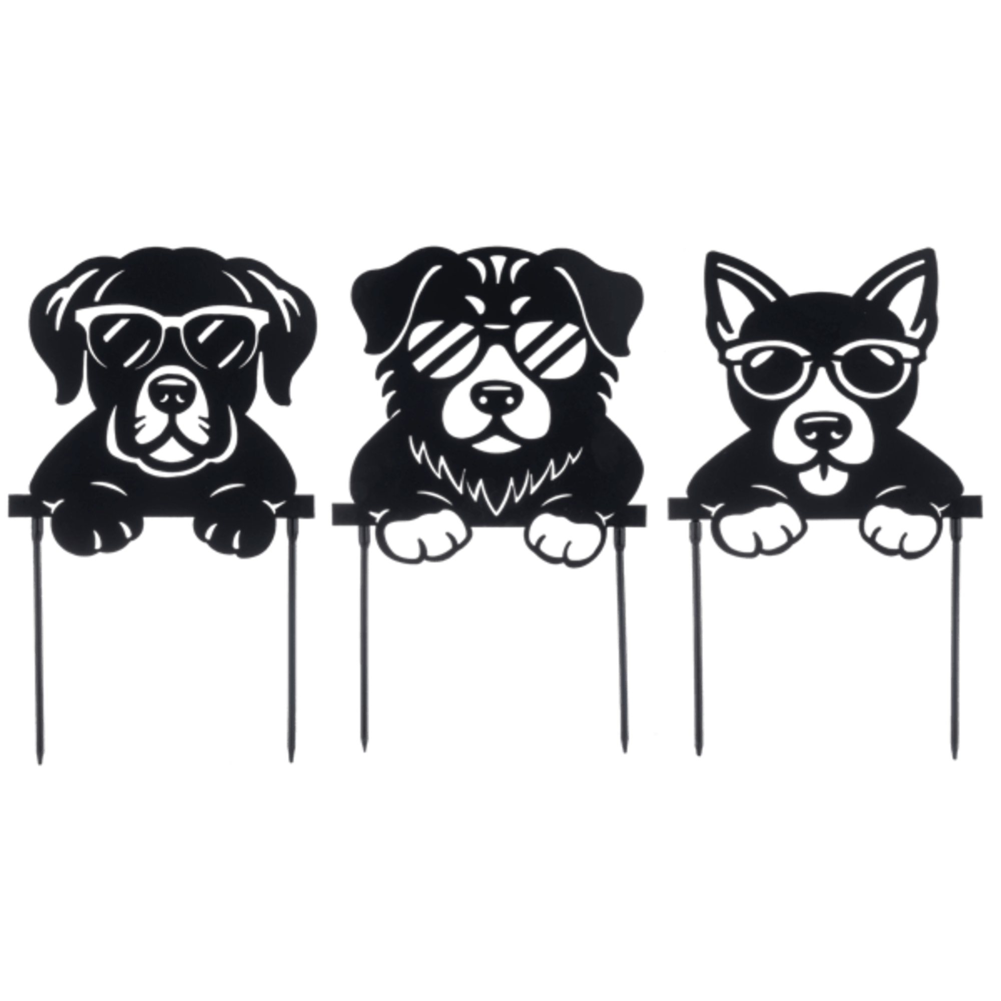 Set of three black dog-shaped plant stakes with sunglasses and dangling paws.