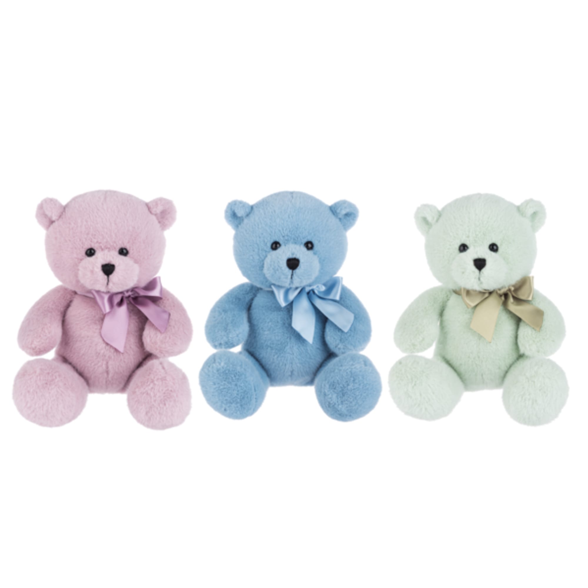 Three pastel teddy bears with ribbon bows on a white background