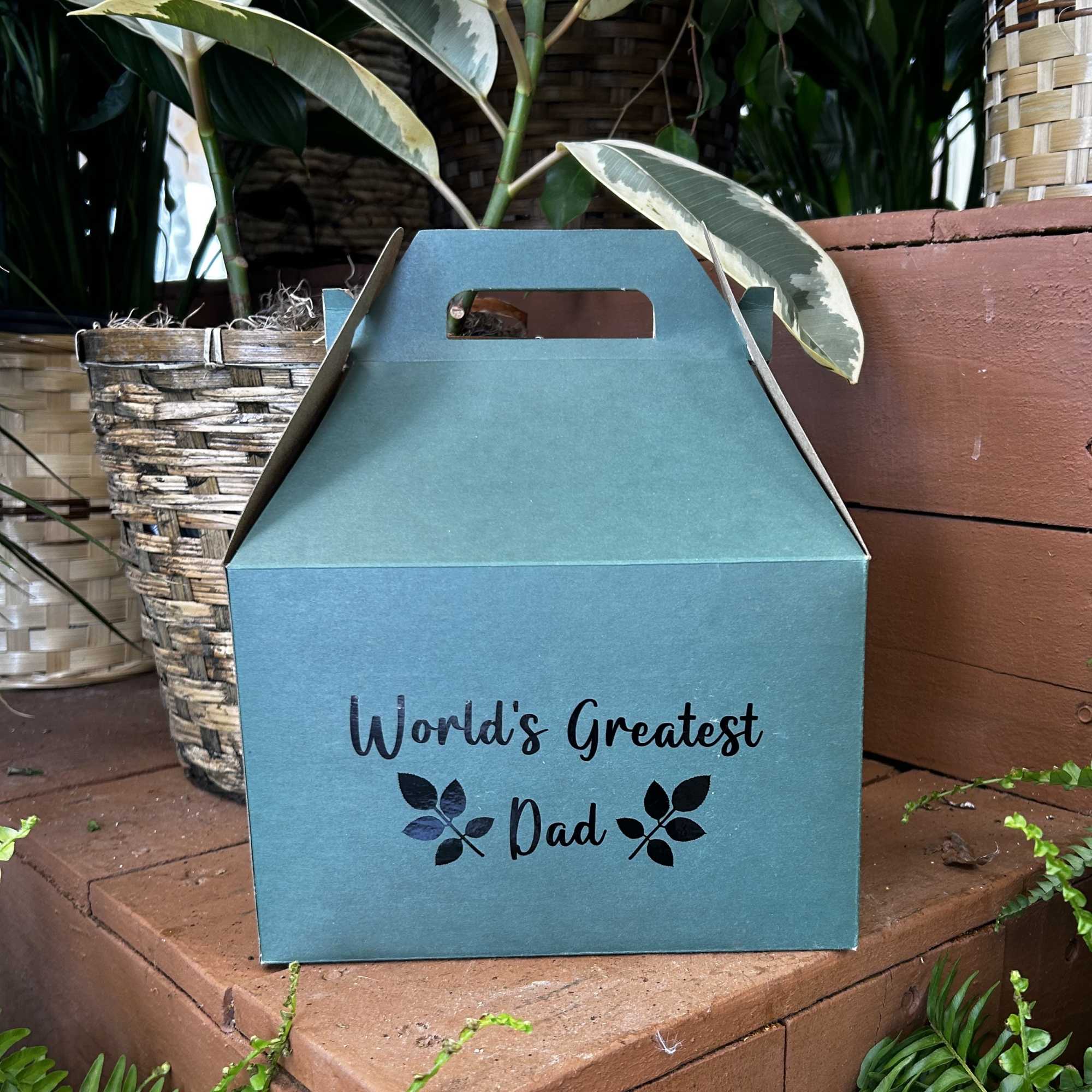 Blue gift box labeled "World's Greatest Dad" on a porch step