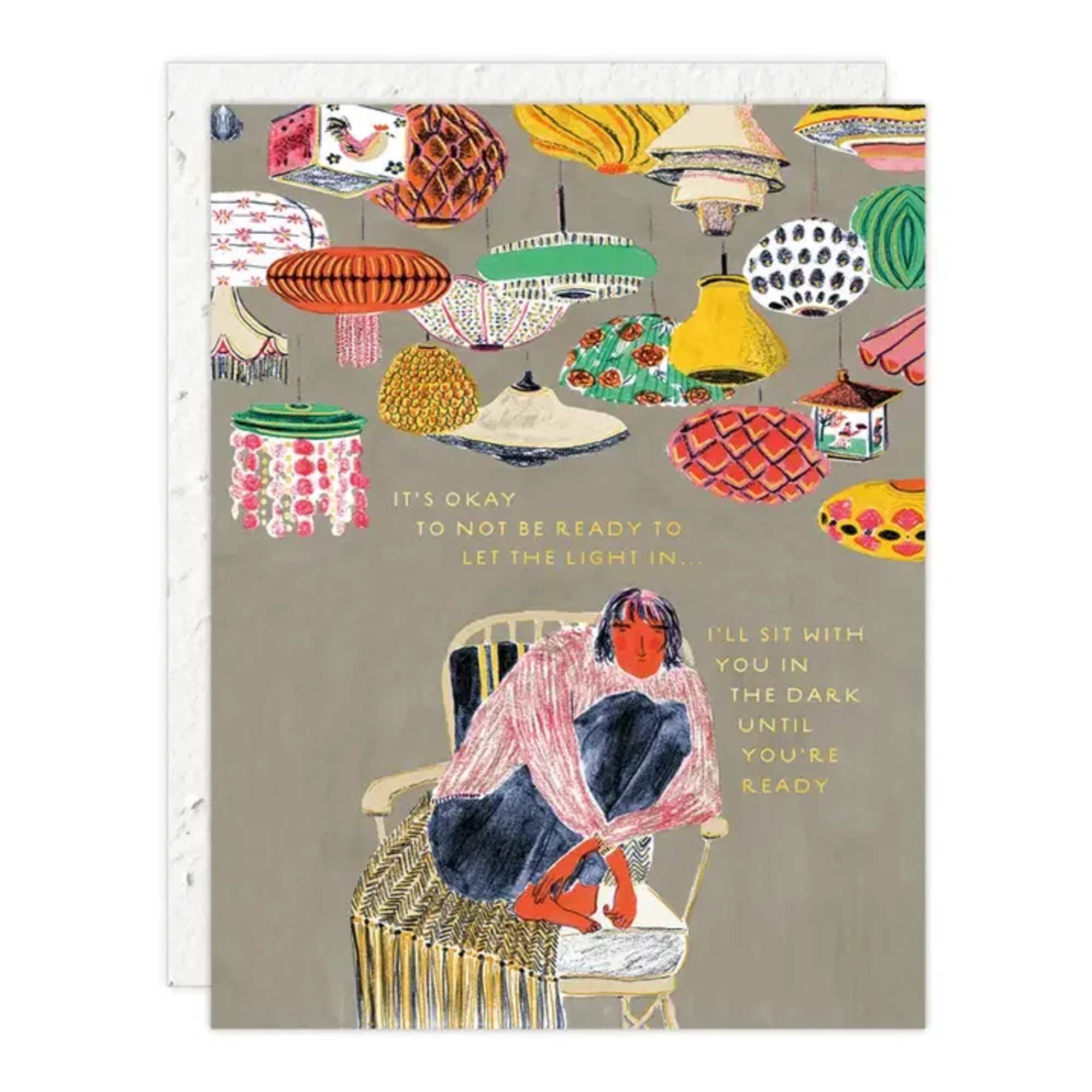 Illustrated card with hanging lanterns and a seated figure under text