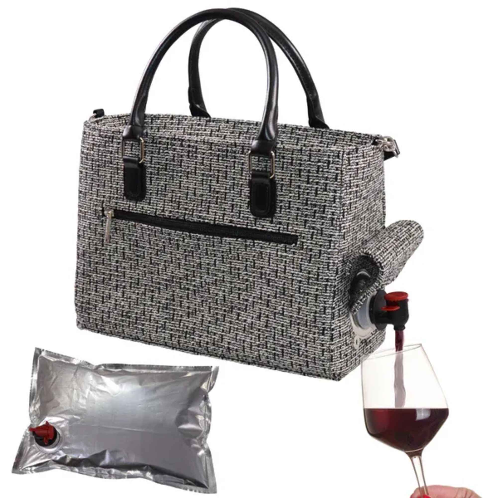 Tote bag with a wine dispenser and a glass of red wine