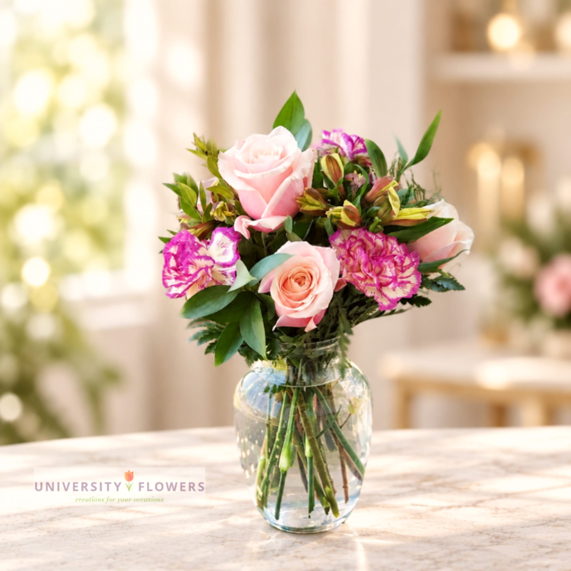 Pink roses and magenta carnations in a clear glass vase