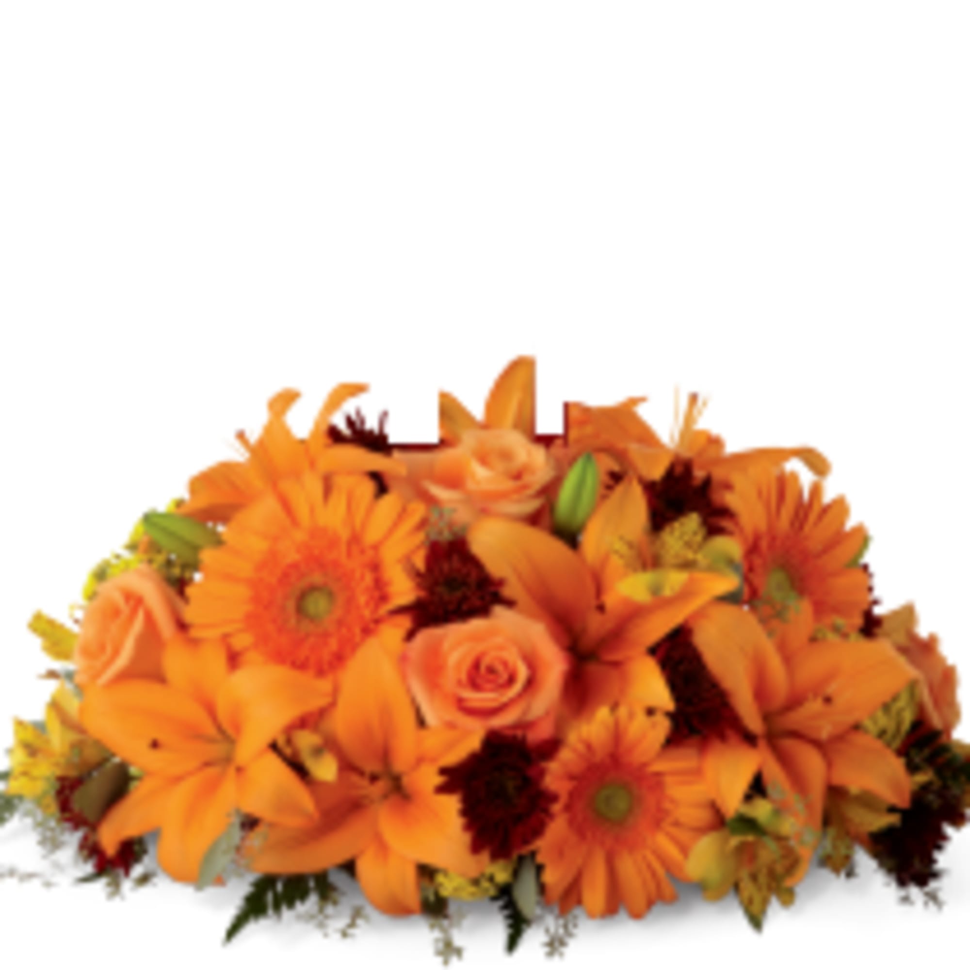 Orange floral arrangement with lilies, gerbera daisies, and roses