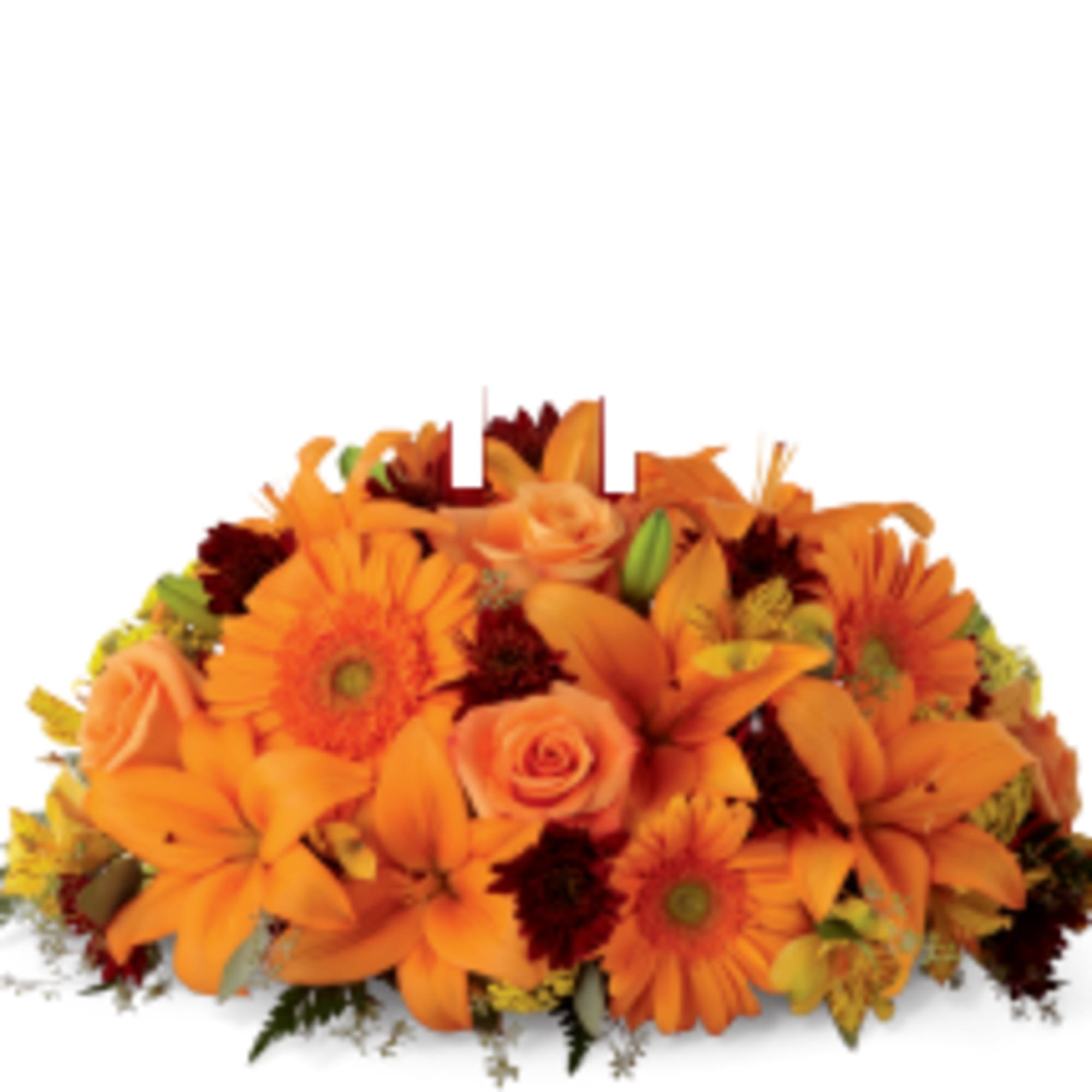 Orange floral arrangement with roses, lilies, and gerbera daisies