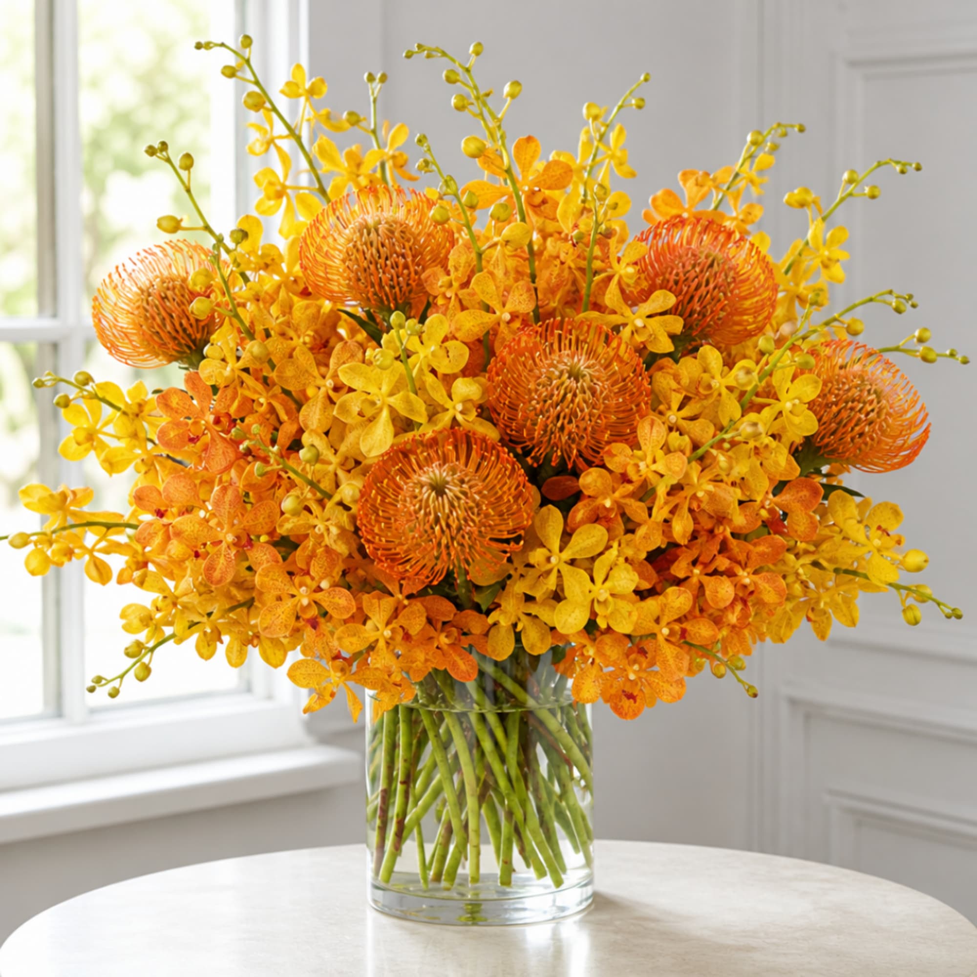 Orange and yellow floral arrangement in a clear glass vase