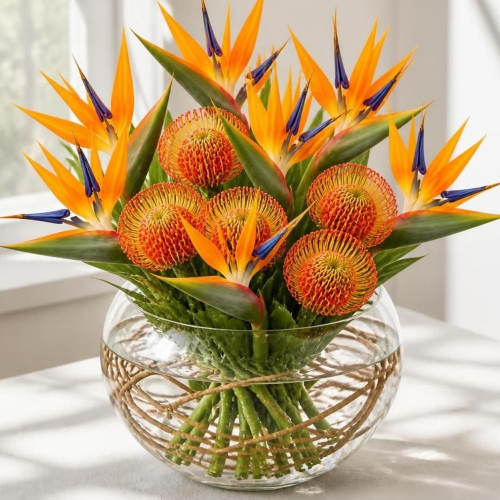 Tropical bouquet with orange bird-of-paradise and round orange pincushion blooms in a glass vase
