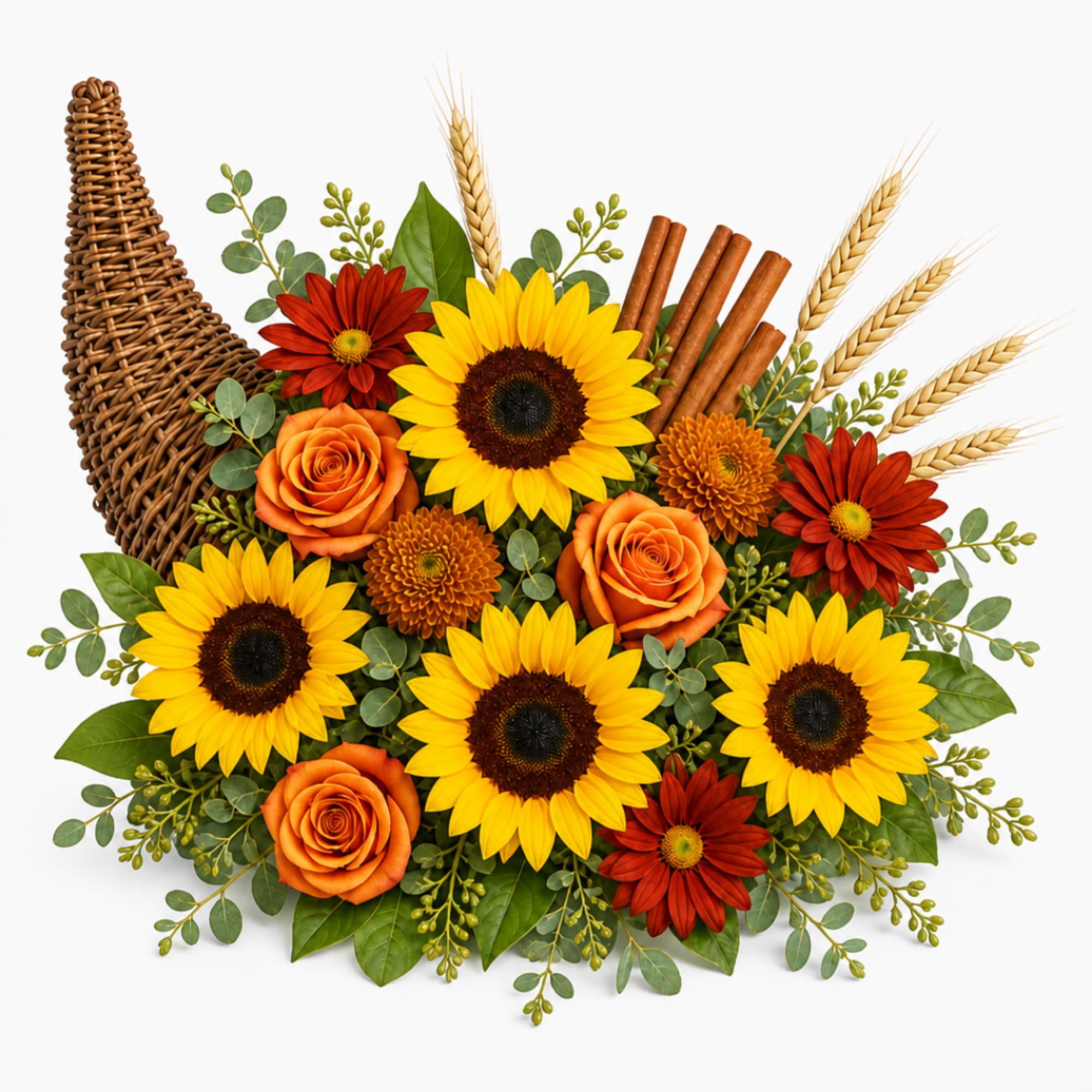 Sunflower and rose arrangement with wheat and cinnamon sticks in a wicker cornucopia