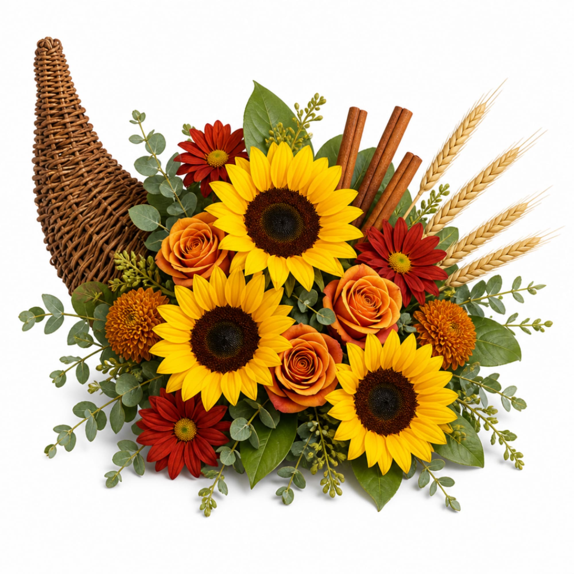 Sunflower and rose arrangement with red daisies and wheat in a woven basket