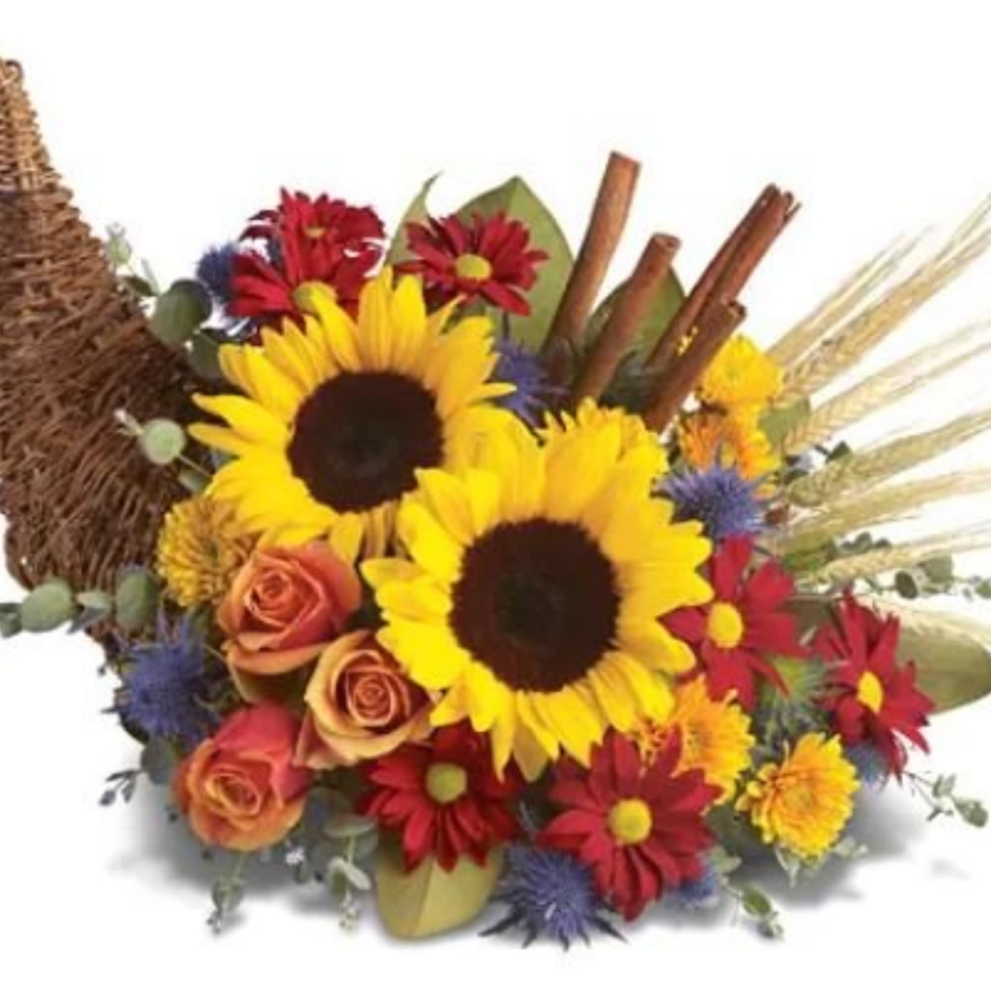 Sunflower and rose bouquet with red daisies in a woven basket