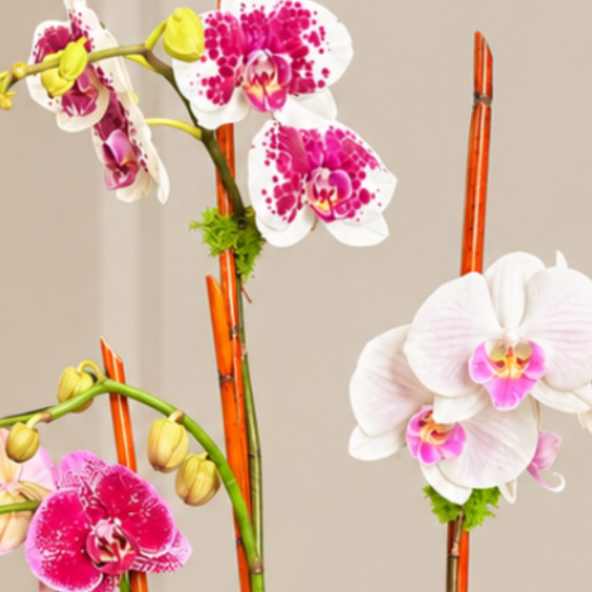Pink and white orchids arranged with tall orange sticks