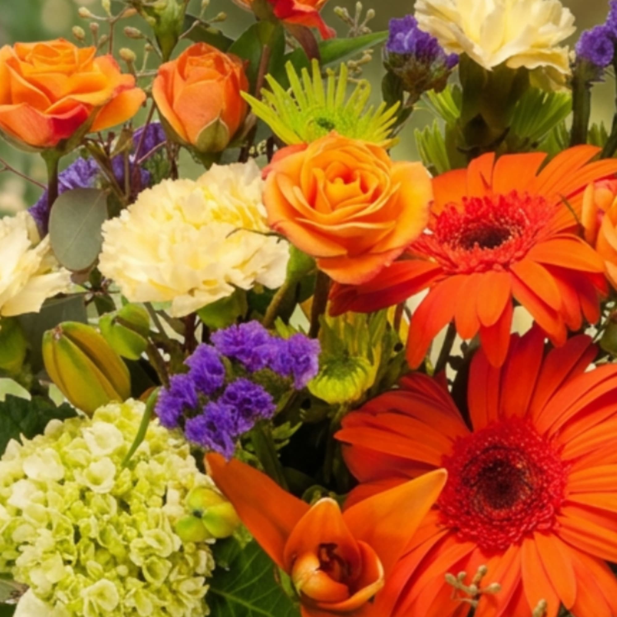 Bright mixed bouquet with orange gerbera daisies, roses, and purple filler flowers