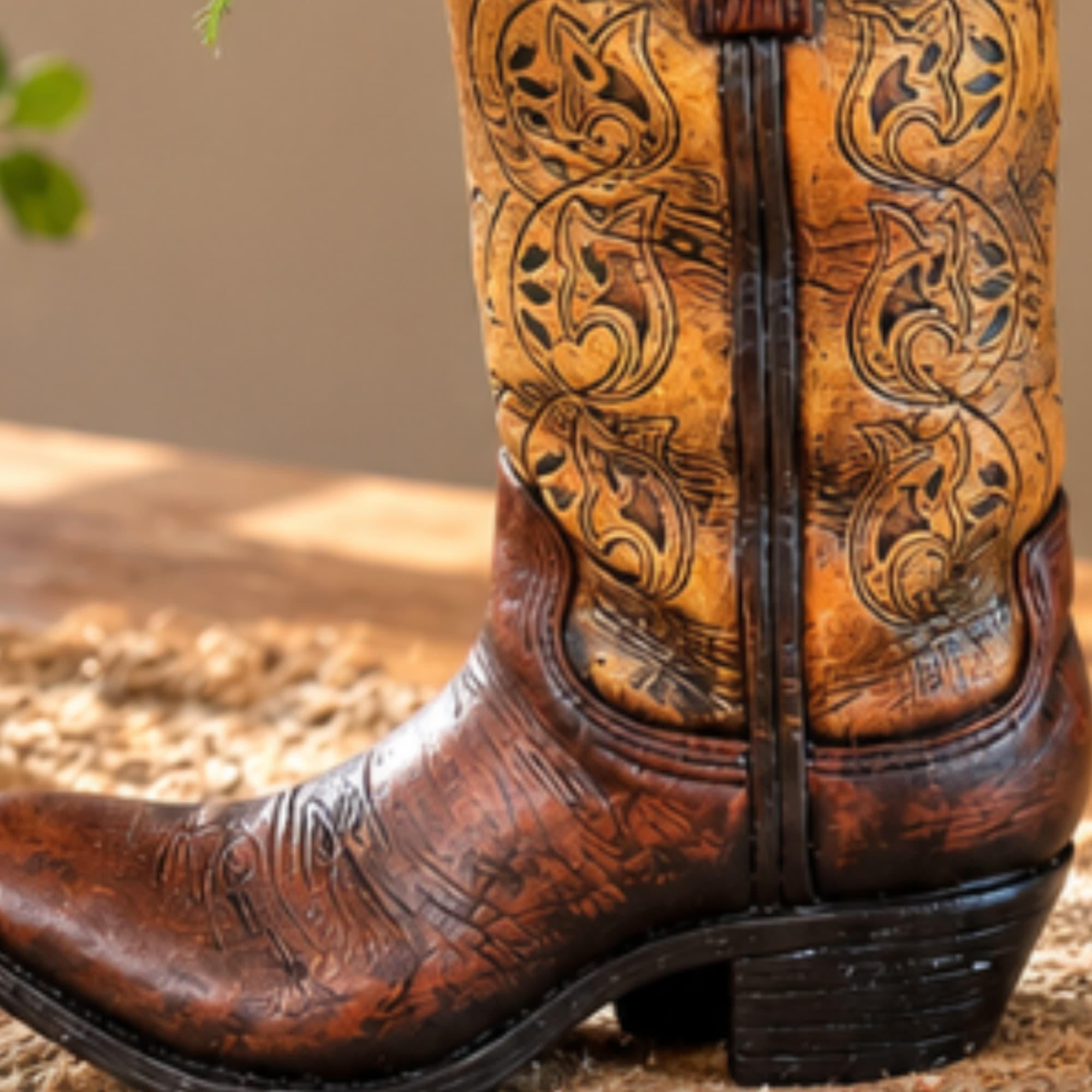 Brown embroidered cowboy boot on a rug
