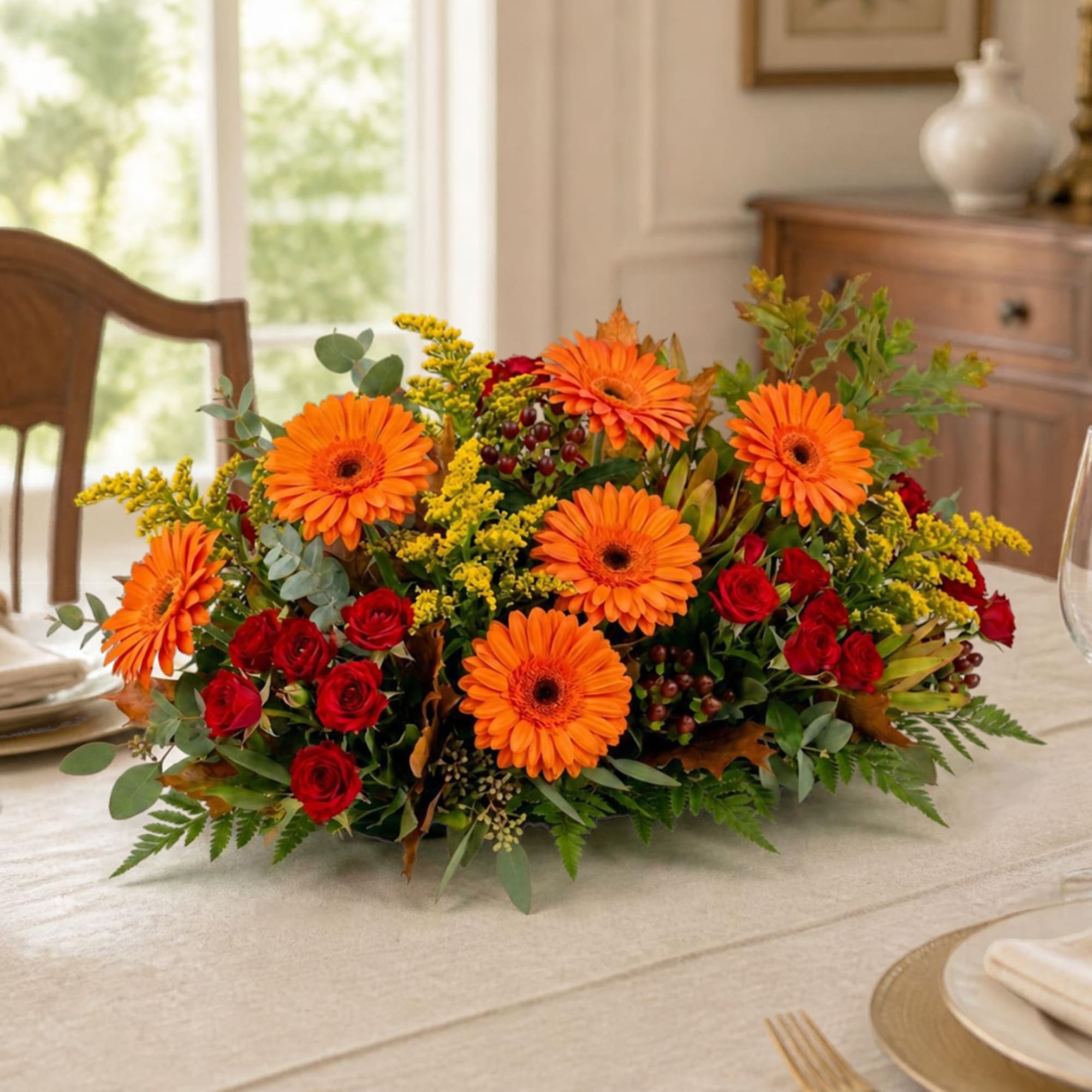 Orange gerbera daisies and red roses arranged low on a table