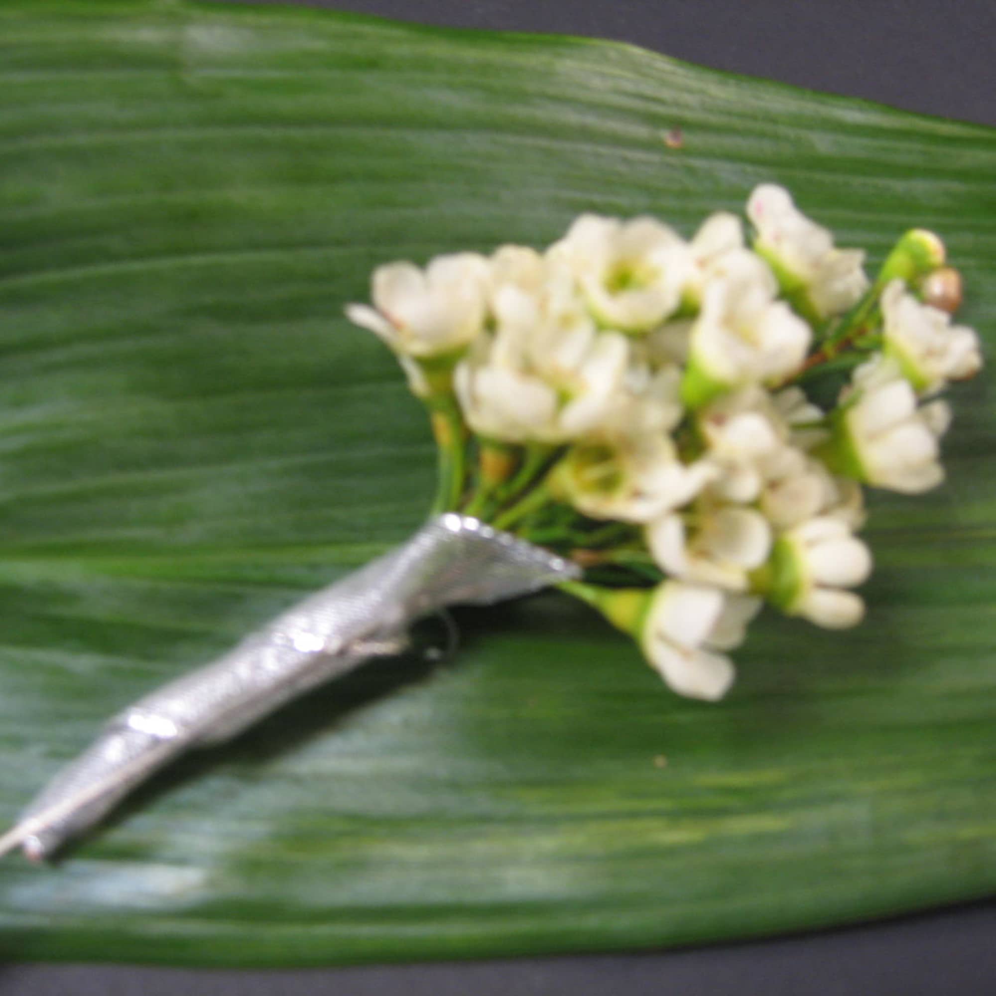 Small white flower boutonniere with silver wrap on a green leaf