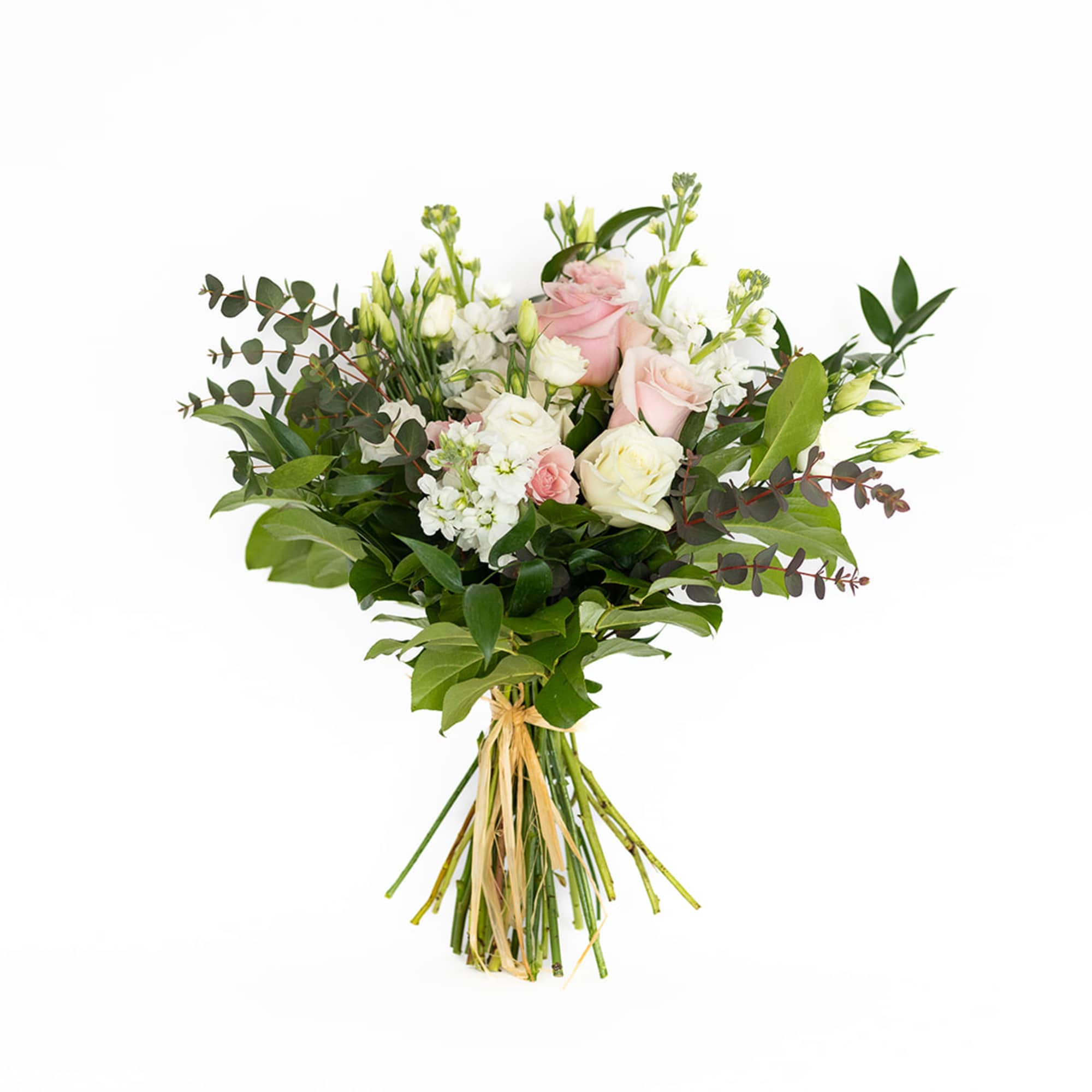 Bouquet of pink and white roses with mixed greenery