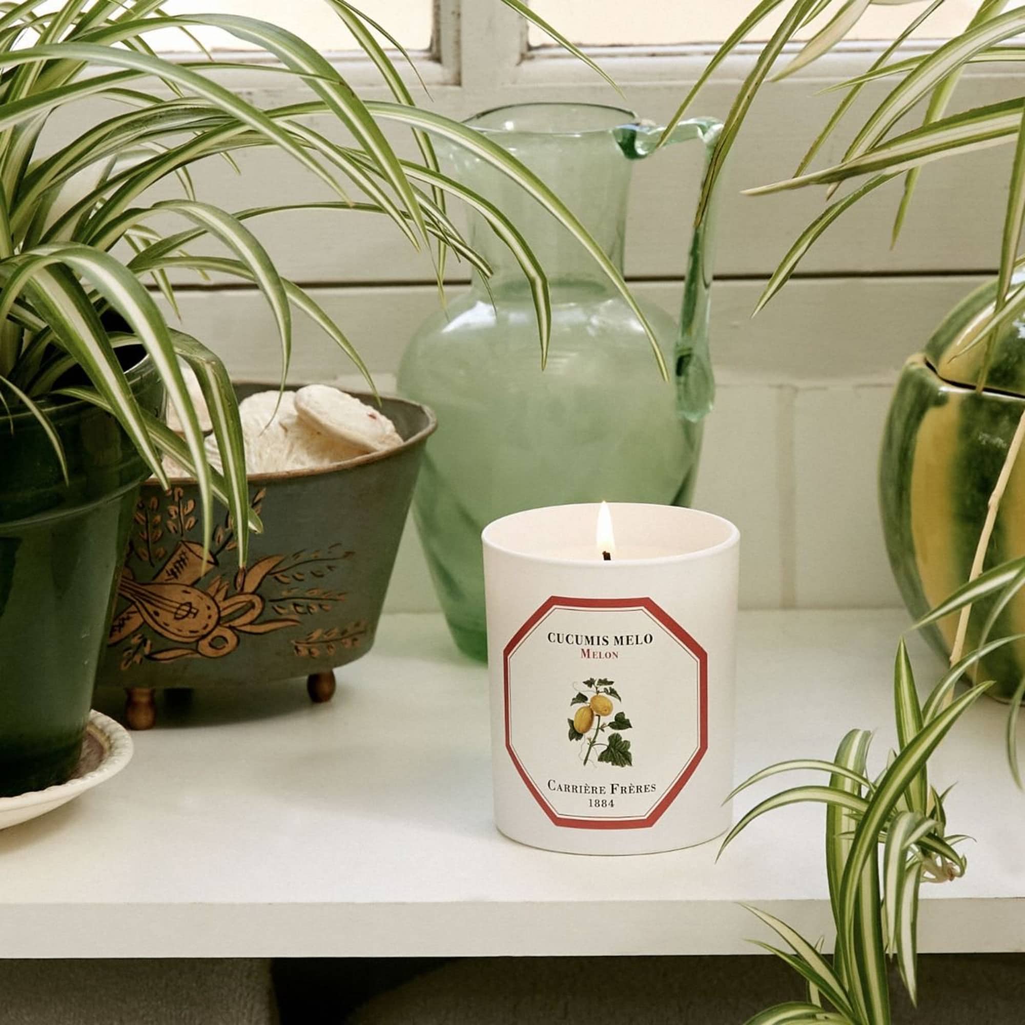 Lit candle in a white glass jar beside potted spider plants