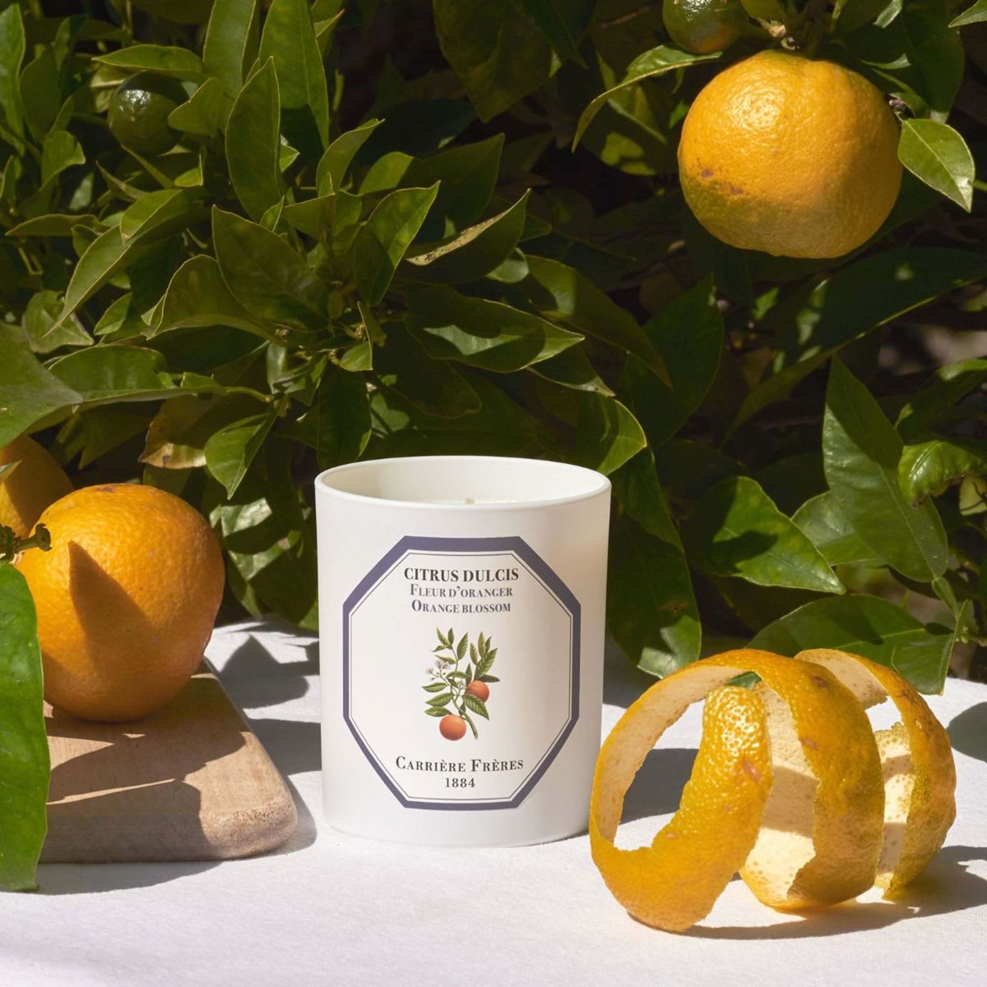 White candle with orange blossom label among oranges and citrus leaves