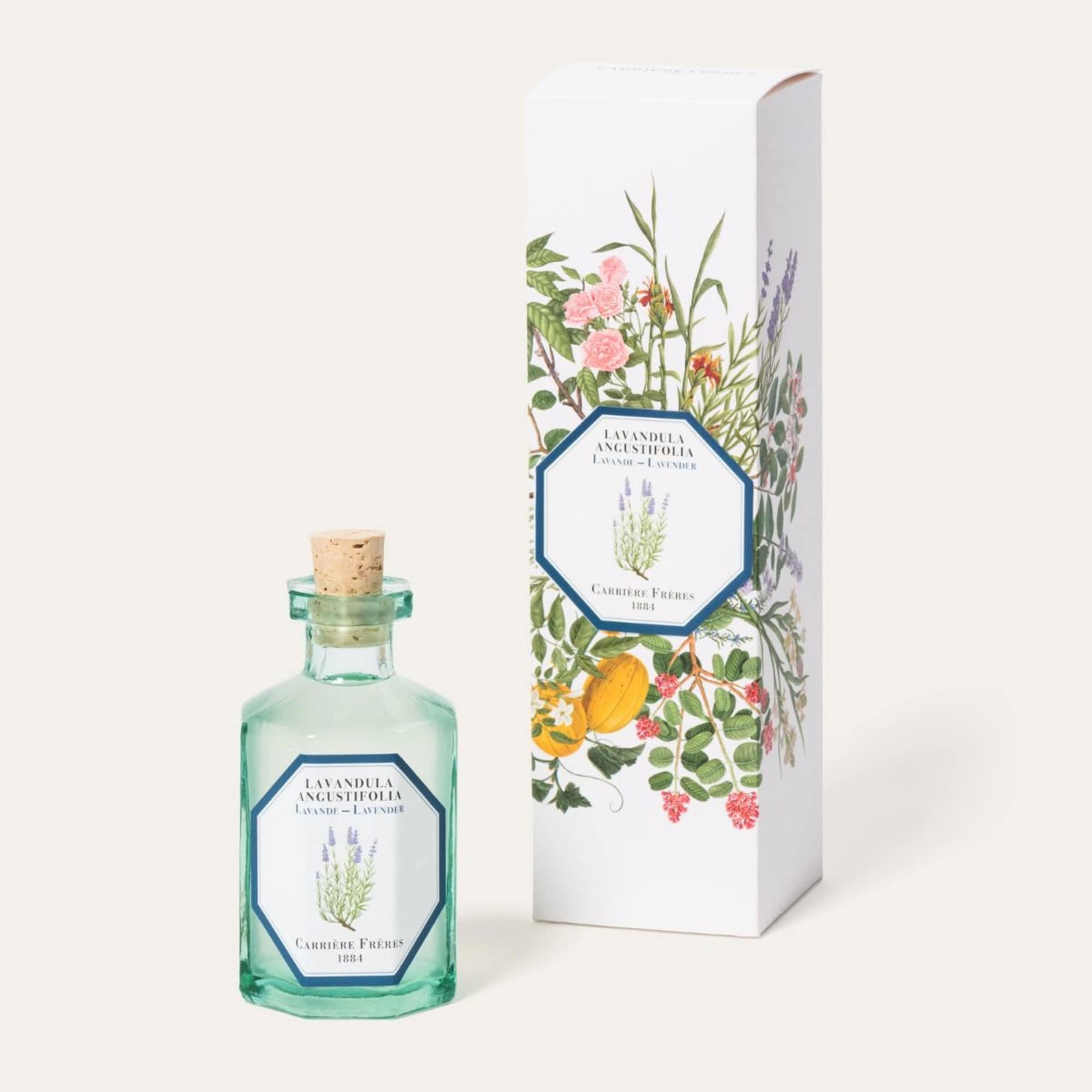 Lavender-scented bottle with matching floral-patterned box