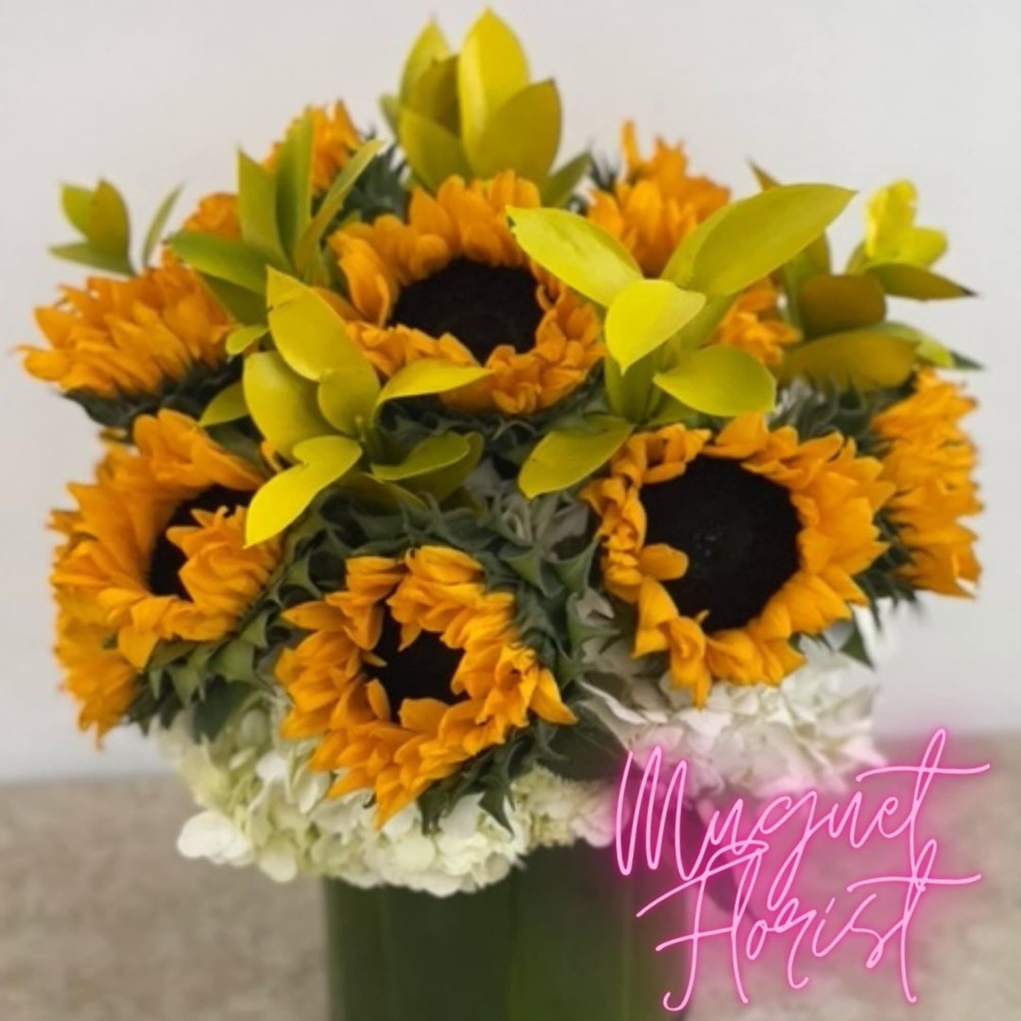 Bouquet of orange sunflowers with bright green leaves in a vase