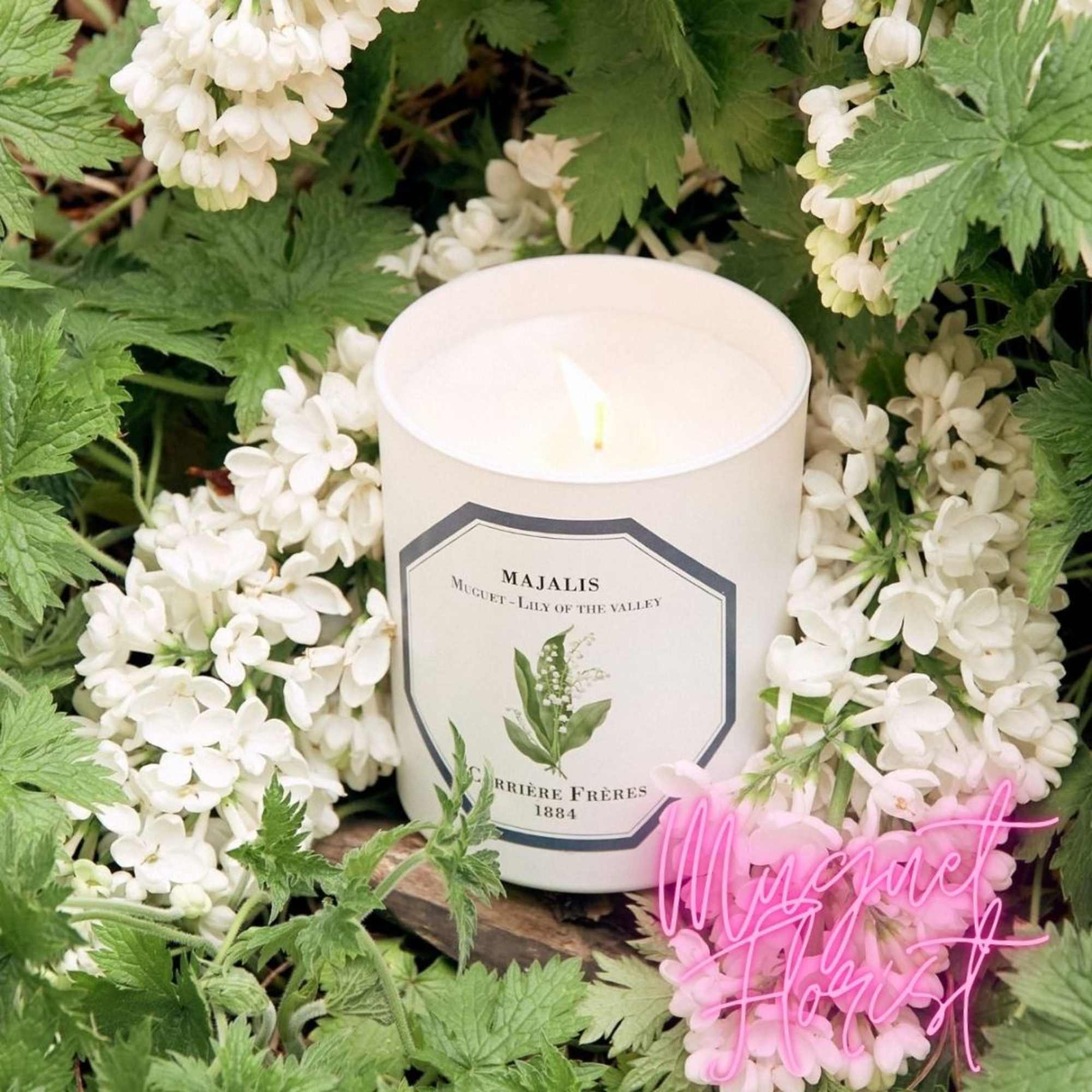 White floral candle surrounded by white blossoms and green leaves