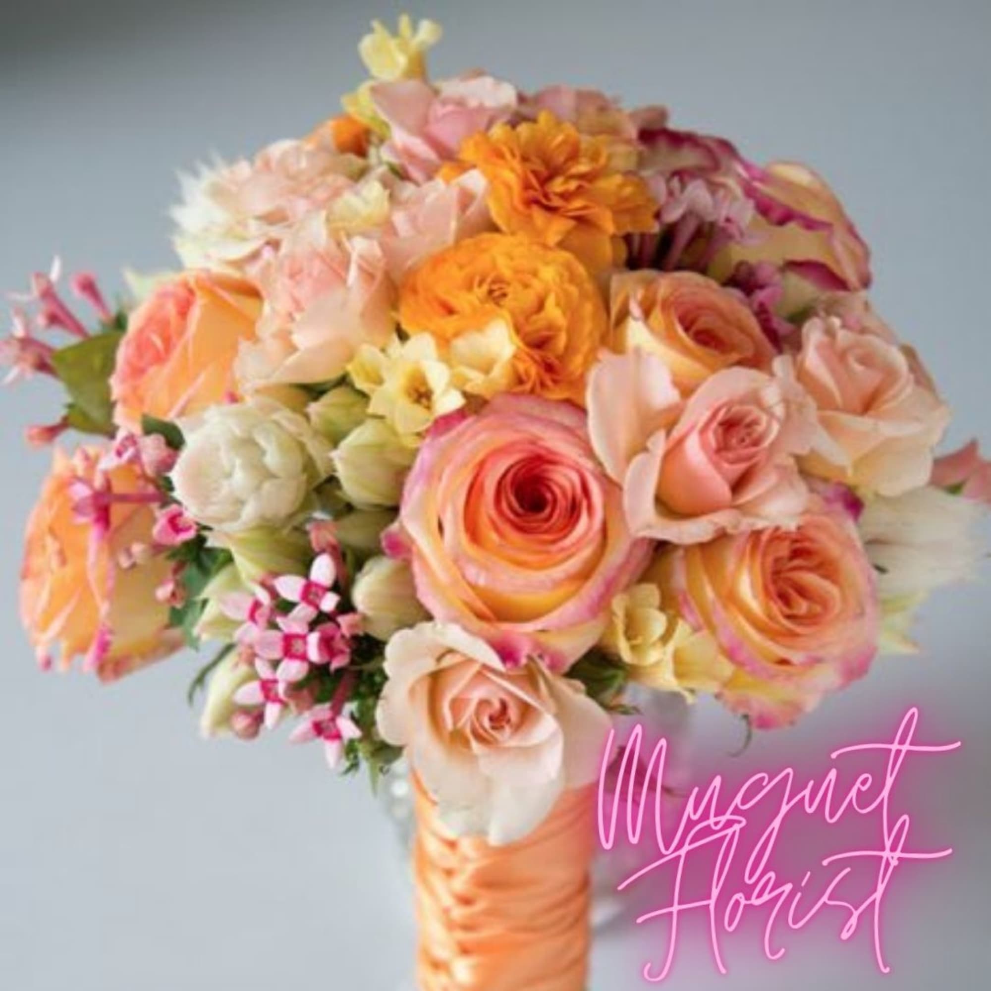 Peach and pink bouquet with orange blooms and roses