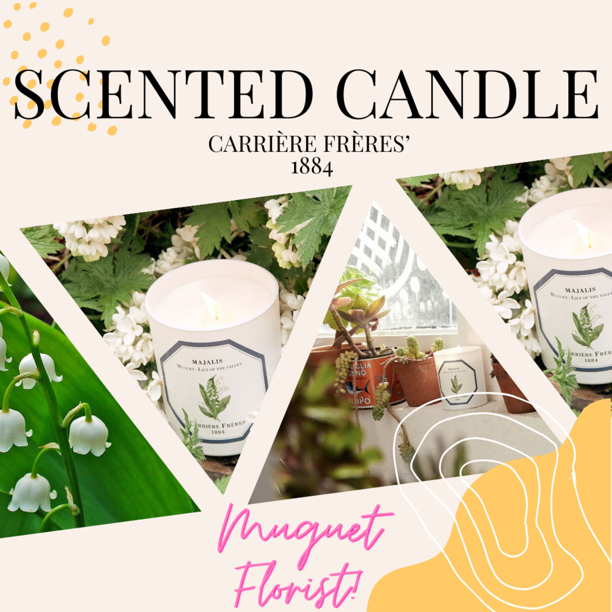 Promotional graphic for scented candles with lily-of-the-valley imagery