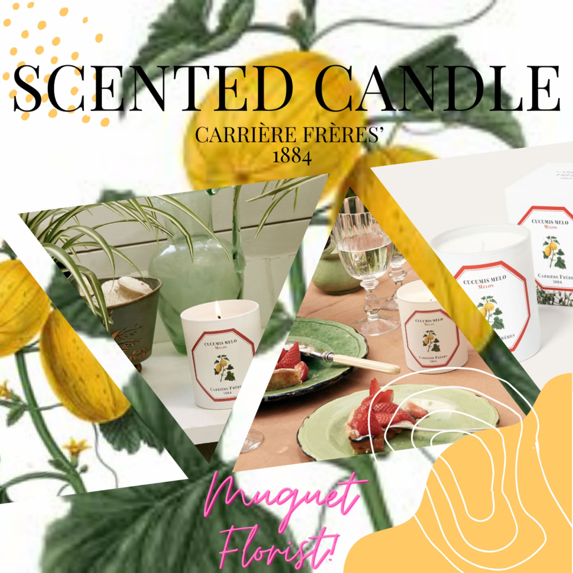 Promotional collage for scented candles with melon labels and fruit imagery