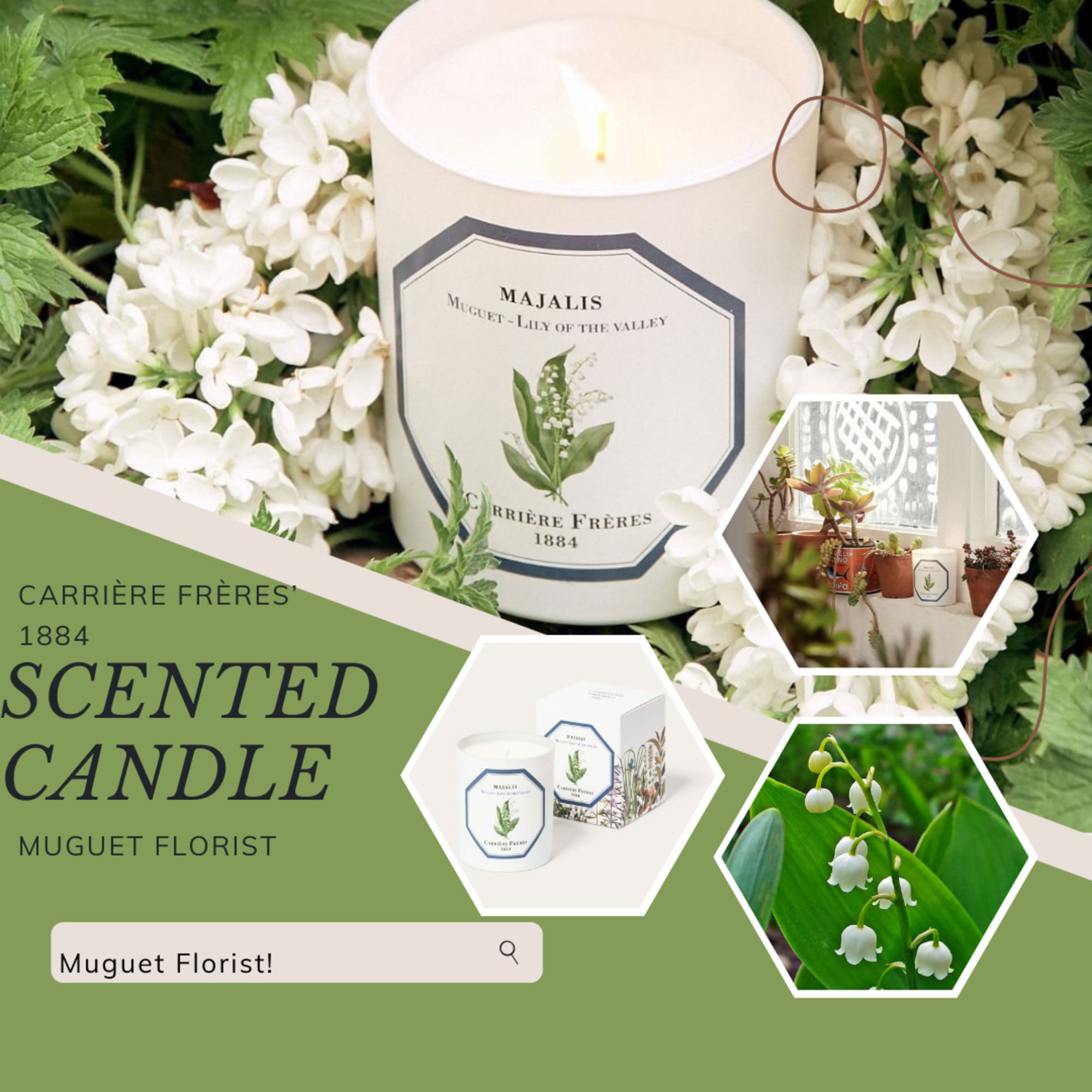 Scented candle surrounded by white flowers and green foliage