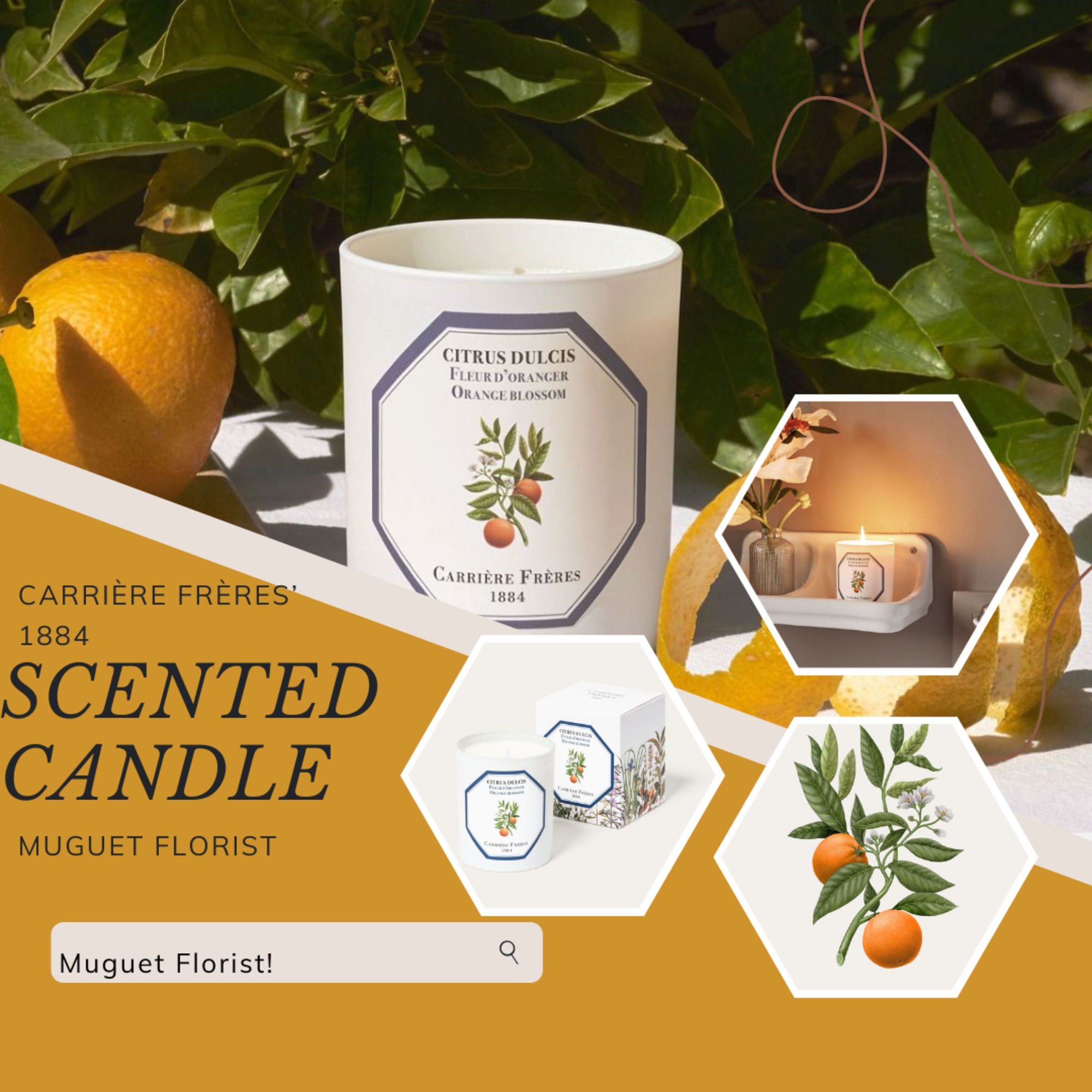 Scented candle with orange blossom label and citrus imagery