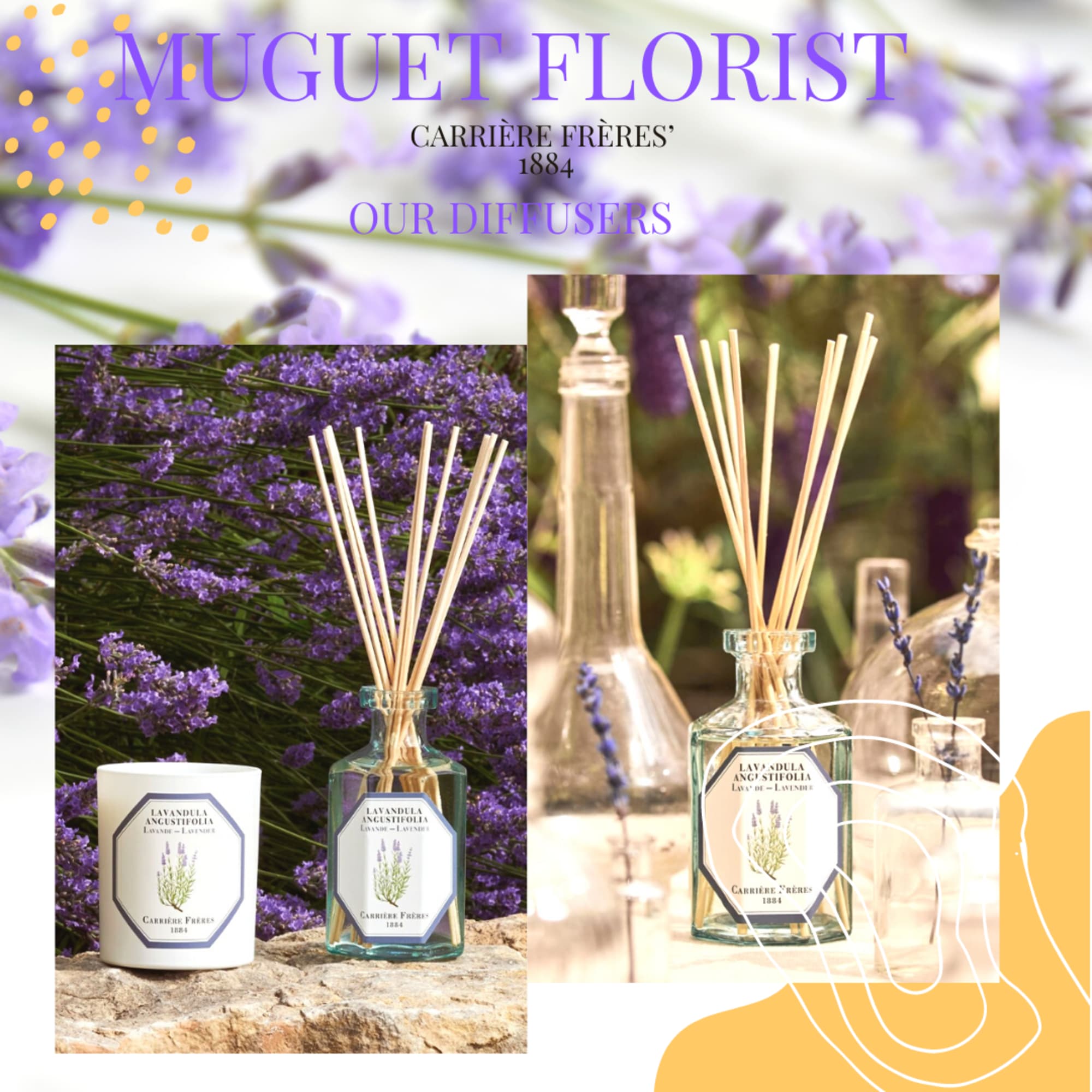 Lavender reed diffuser and candle set with purple floral background