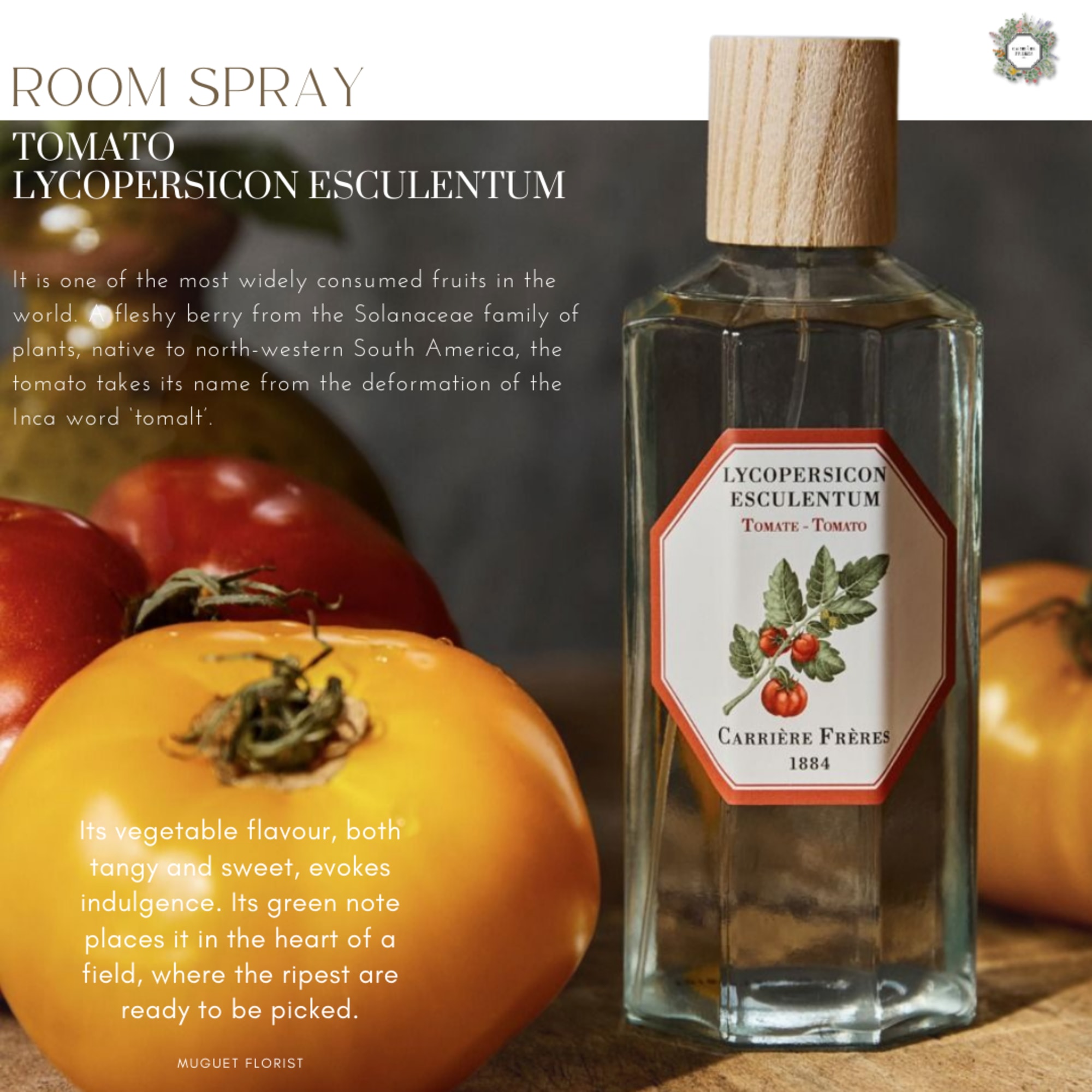 Bottle of tomato room spray beside ripe tomatoes
