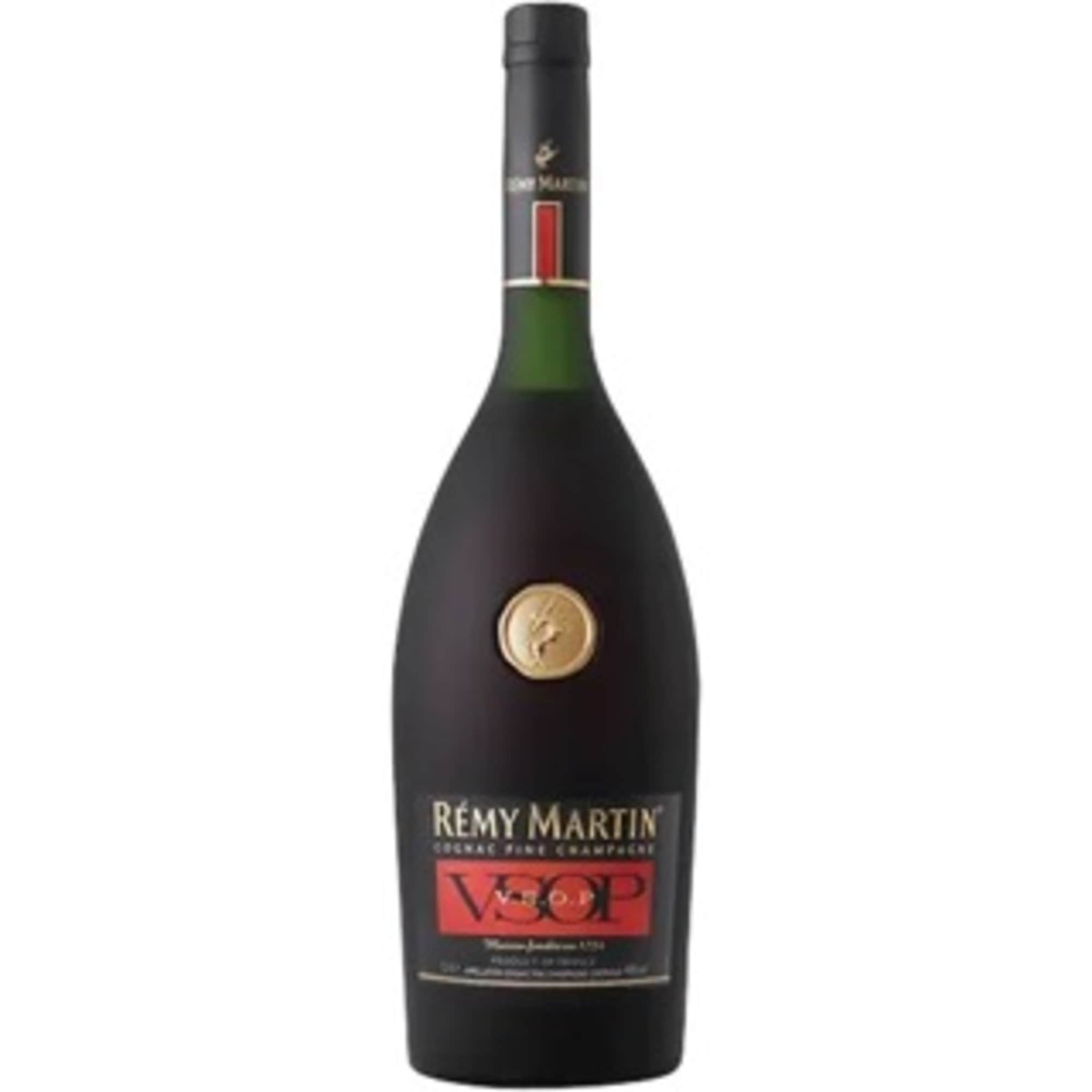 Bottle of Rémy Martin V.S.O.P. cognac on a white background