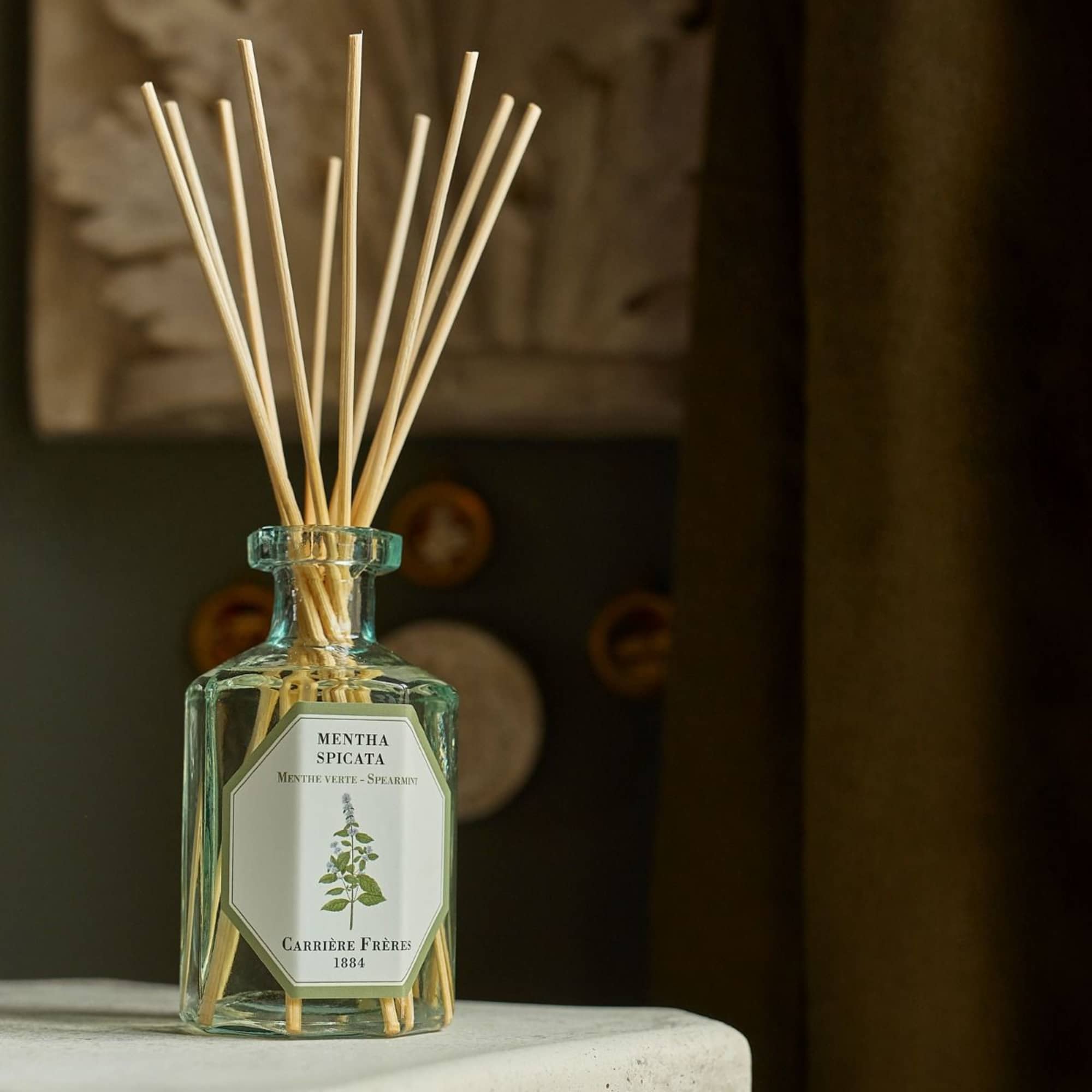 Glass reed diffuser bottle with a labeled front and wooden reeds