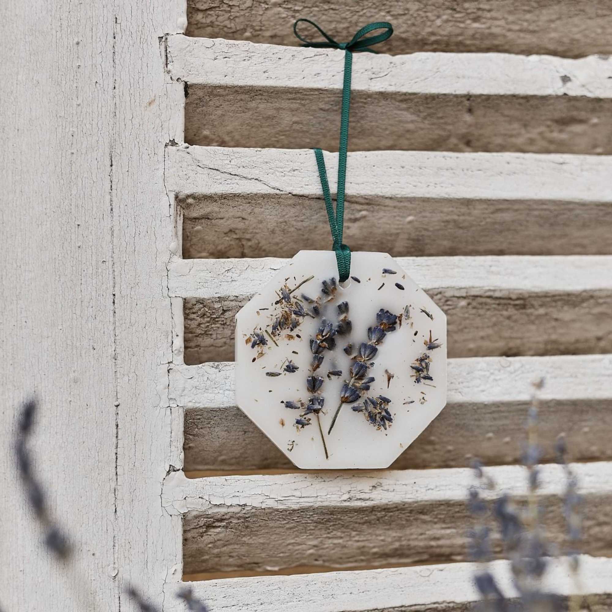 Octagonal hanging ornament with dried lavender pressed inside