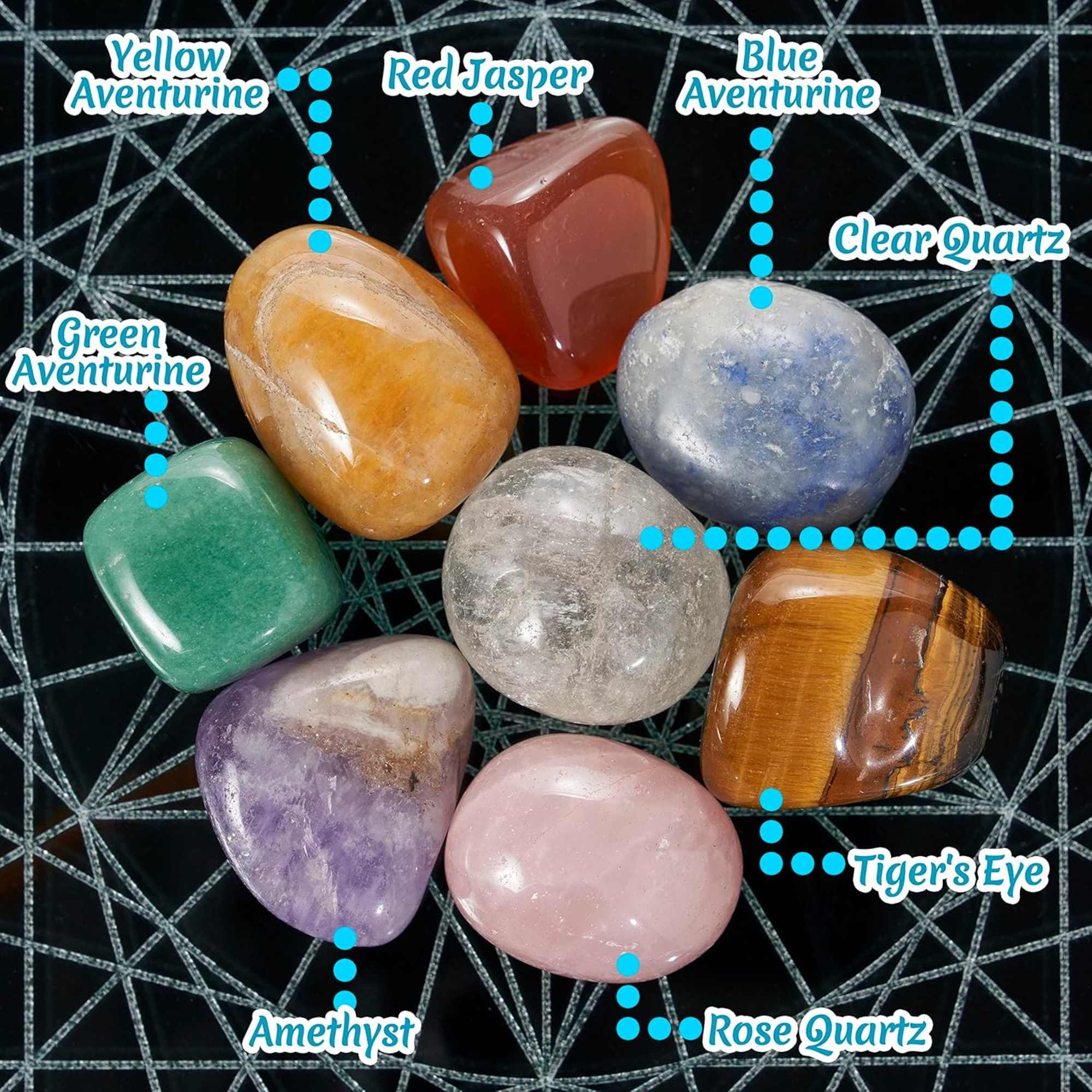 Polished crystal stones labeled with mineral names on a black geometric background