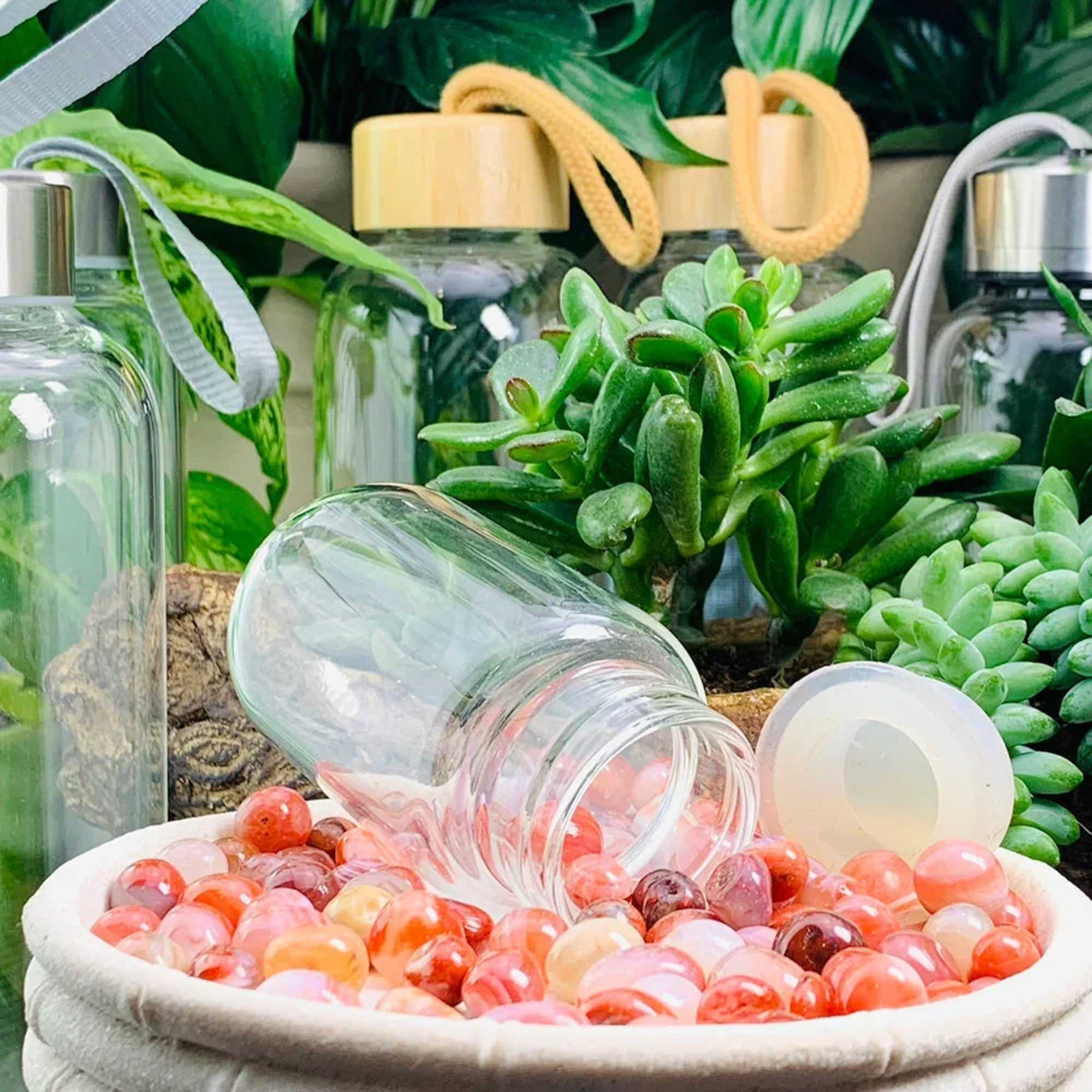 Succulent plants with glass jars and pink stones in a bowl