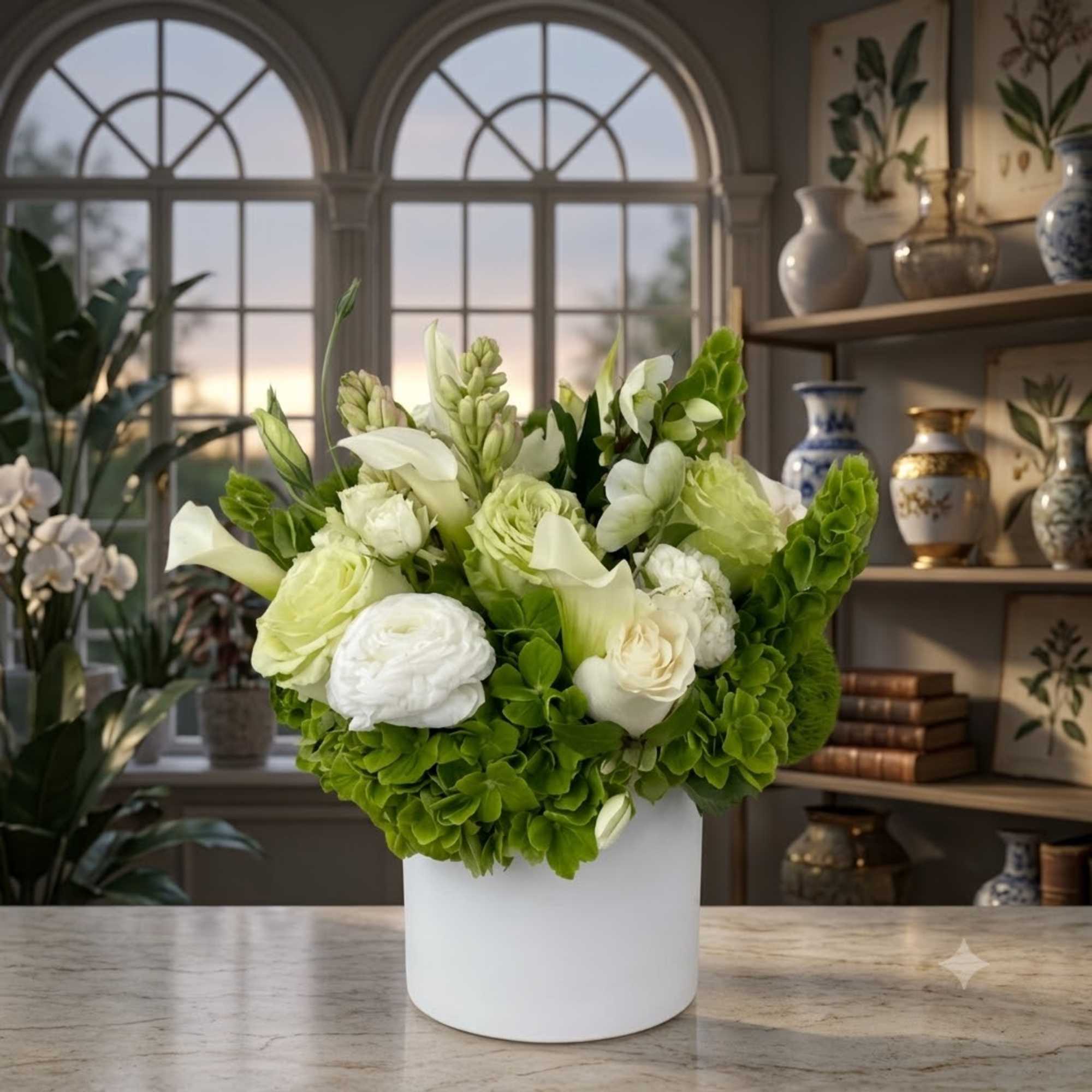 White and green floral arrangement in a white cylindrical vase