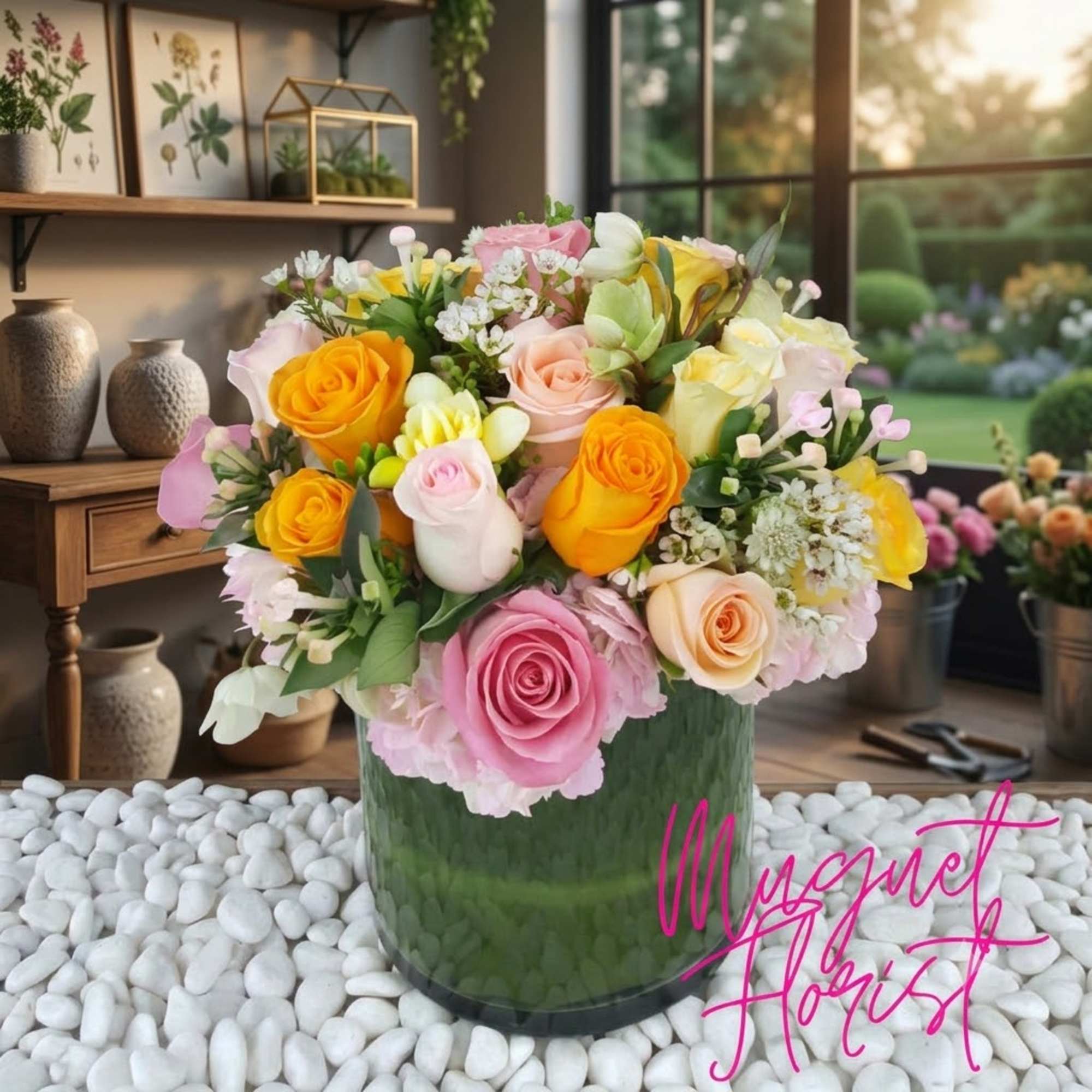 Mixed roses in pink, peach, yellow, and white arranged in a green vase