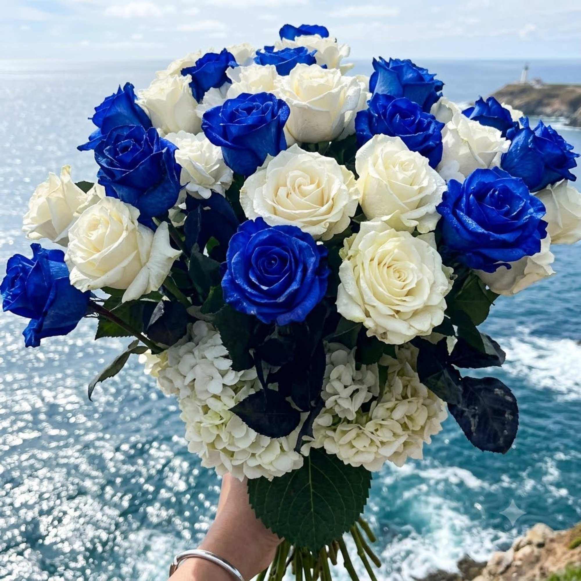 Bouquet of blue and white roses with white hydrangeas