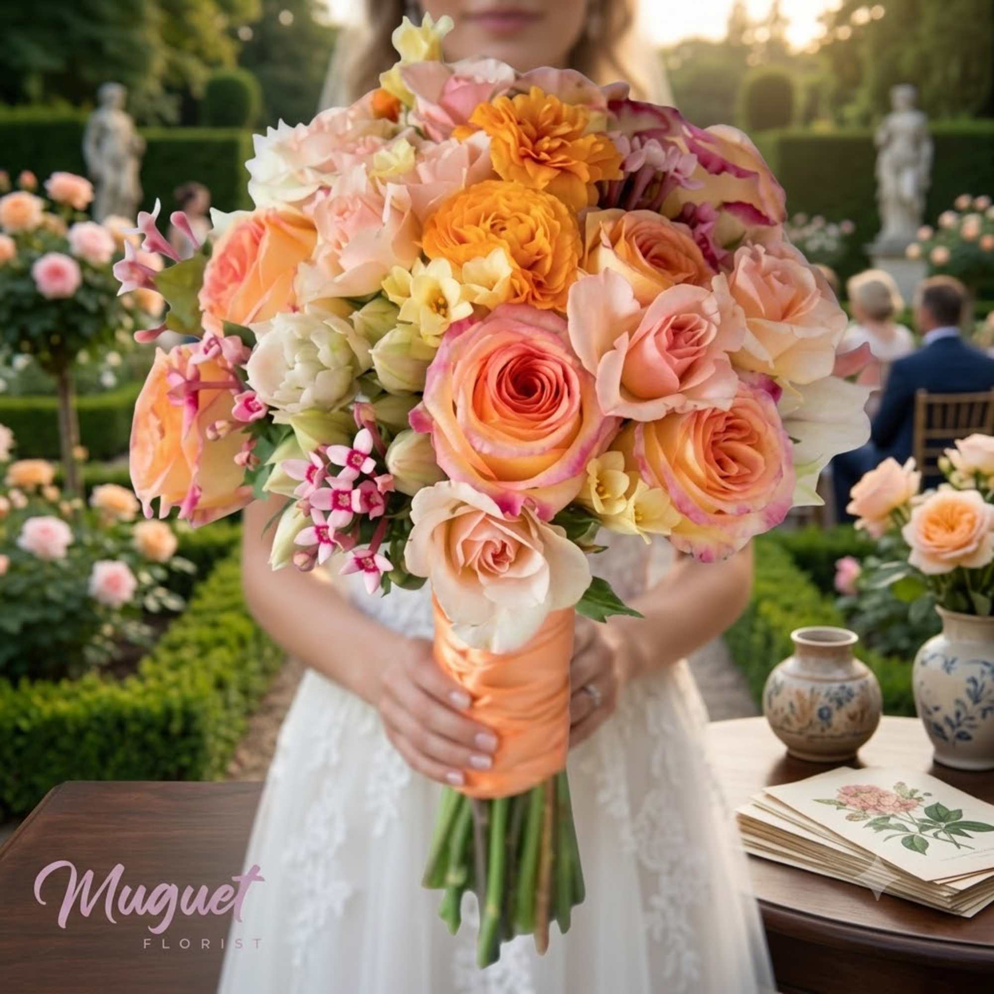 Bride holding a large peach and pink bouquet with orange flowers