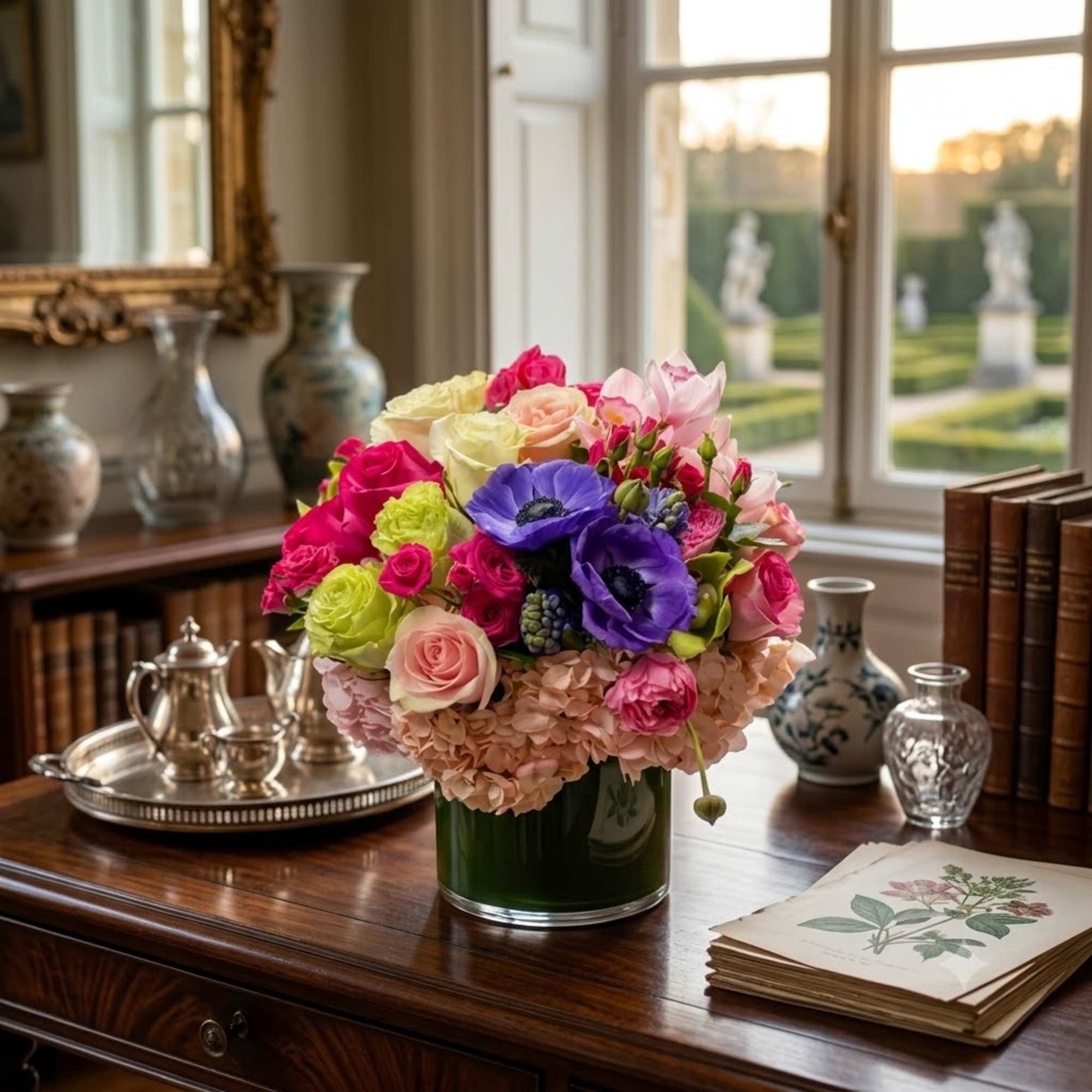 Colorful bouquet of roses, hydrangeas, and purple anemones in a glass vase