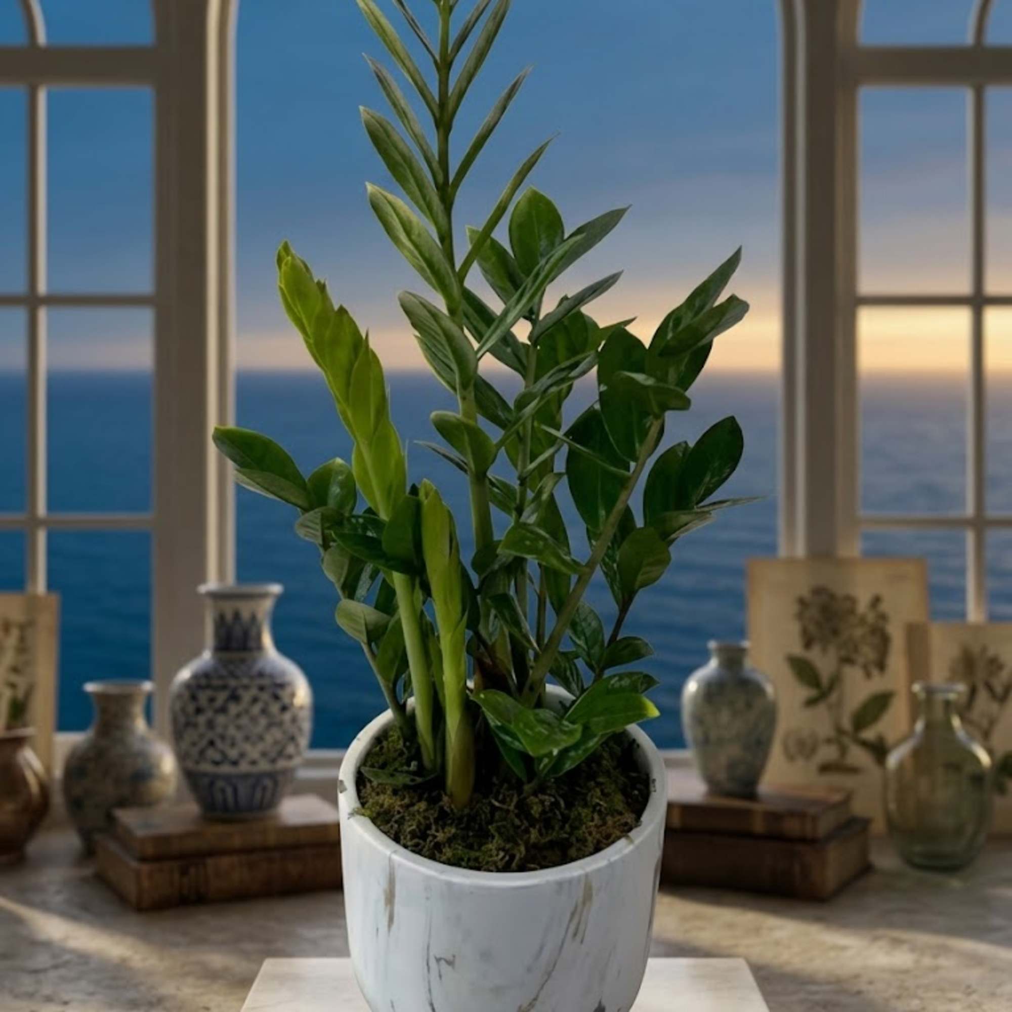 Potted green plant in a white ceramic container