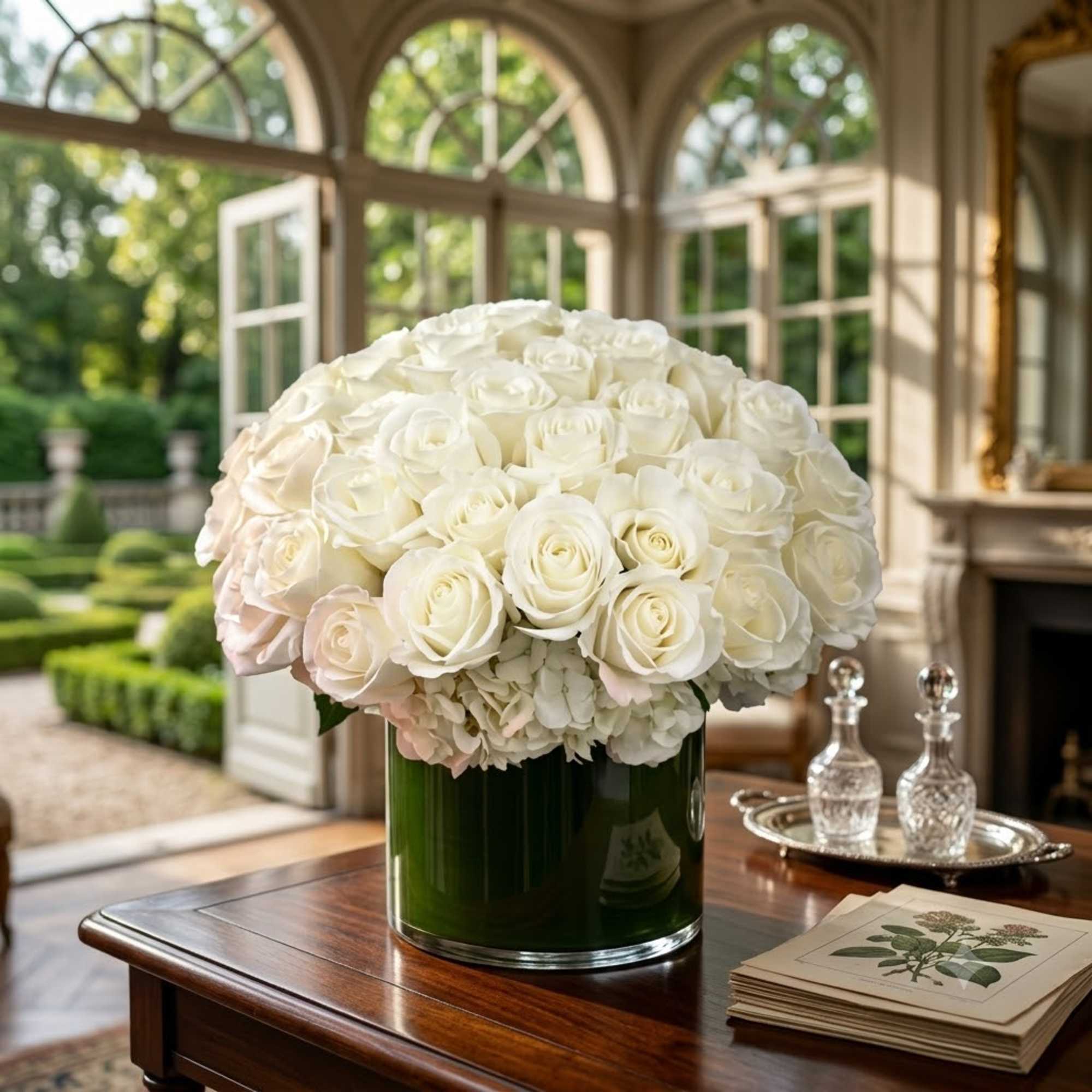 White rose and hydrangea arrangement in a dark green vase