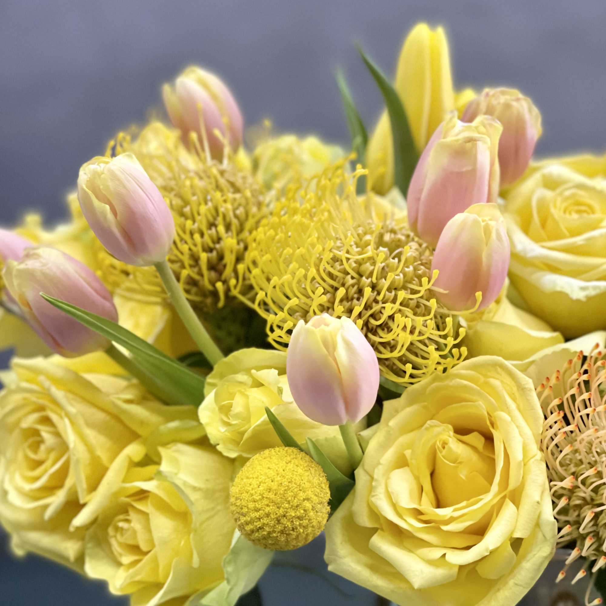 This striking arrangement of yellow roses, tulips and protea in a gold, photo 2 of 2