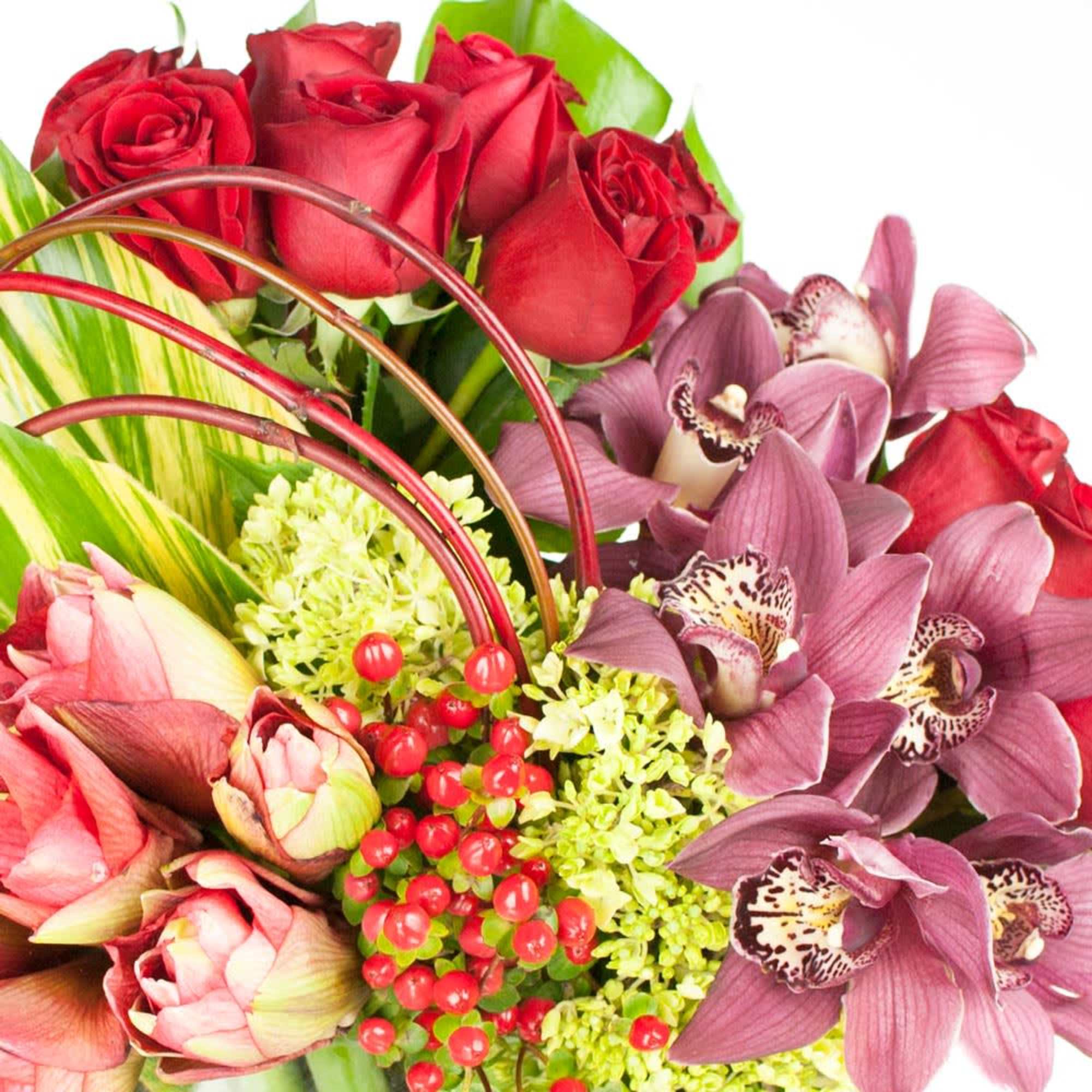 Set to capture their attention, this fresh flower arrangement brings together red, photo 2 of 2