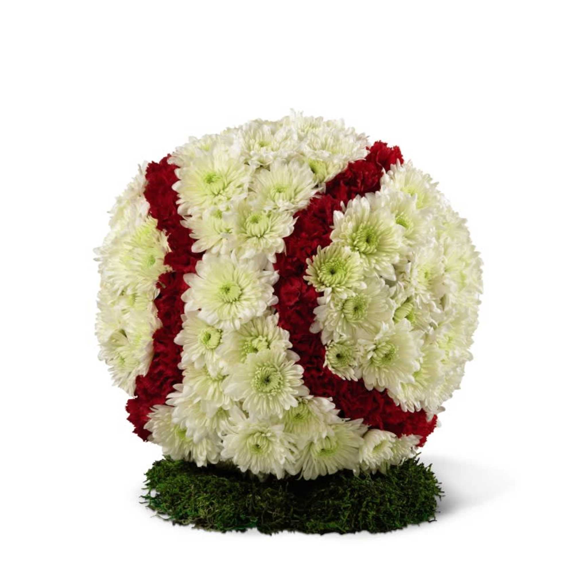Round floral arrangement of white and red chrysanthemums on a moss base