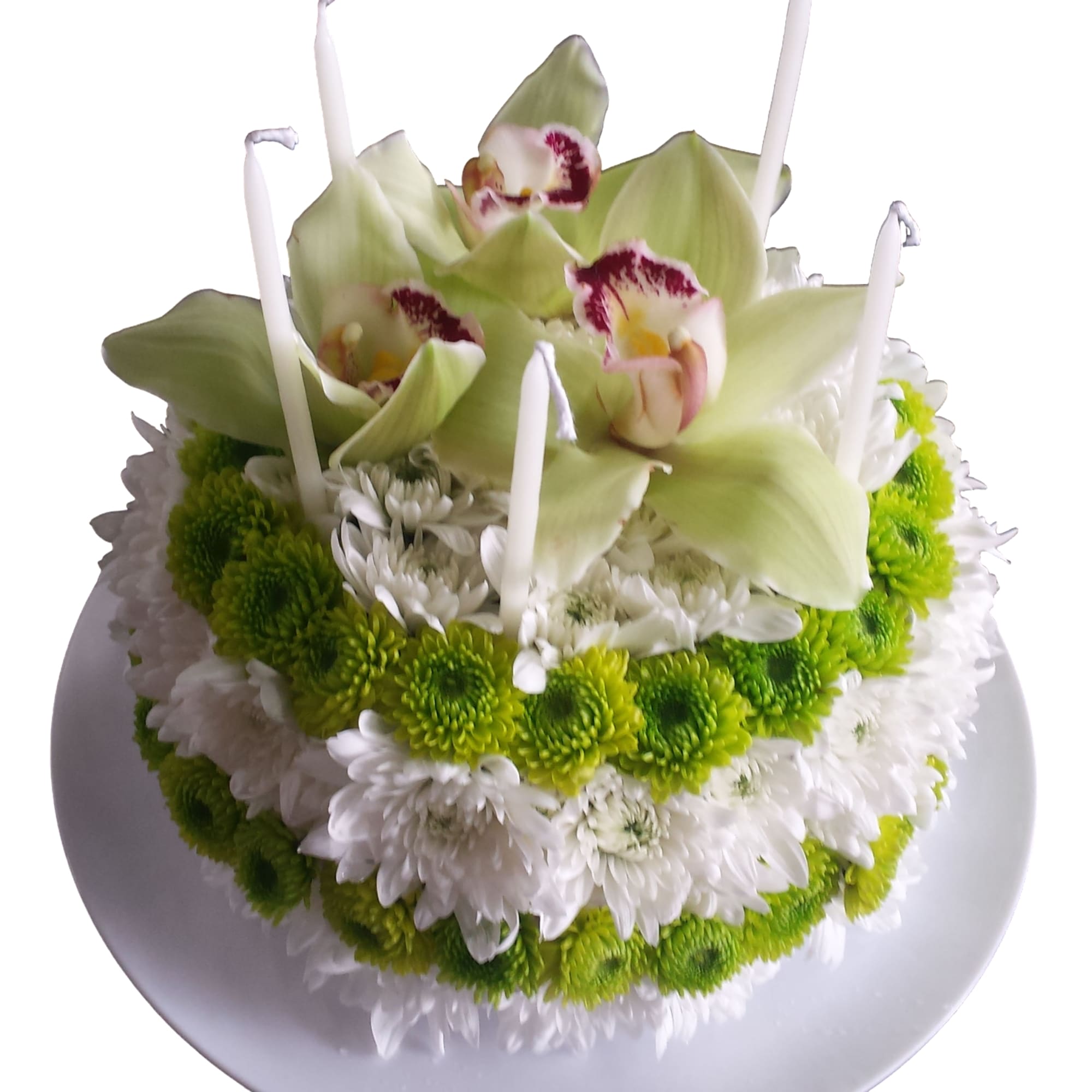 Round floral cake of white and green mums topped with green orchids and white candles on a plate