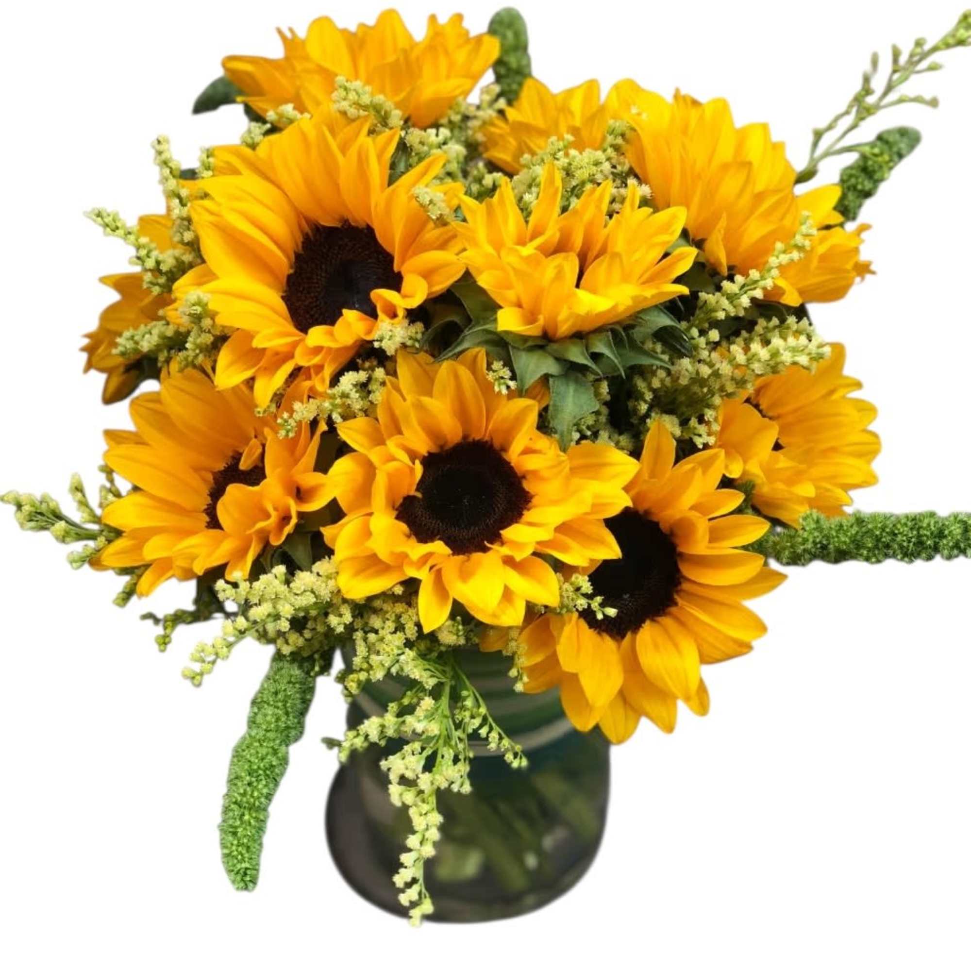 Bouquet of yellow sunflowers in a dark glass vase