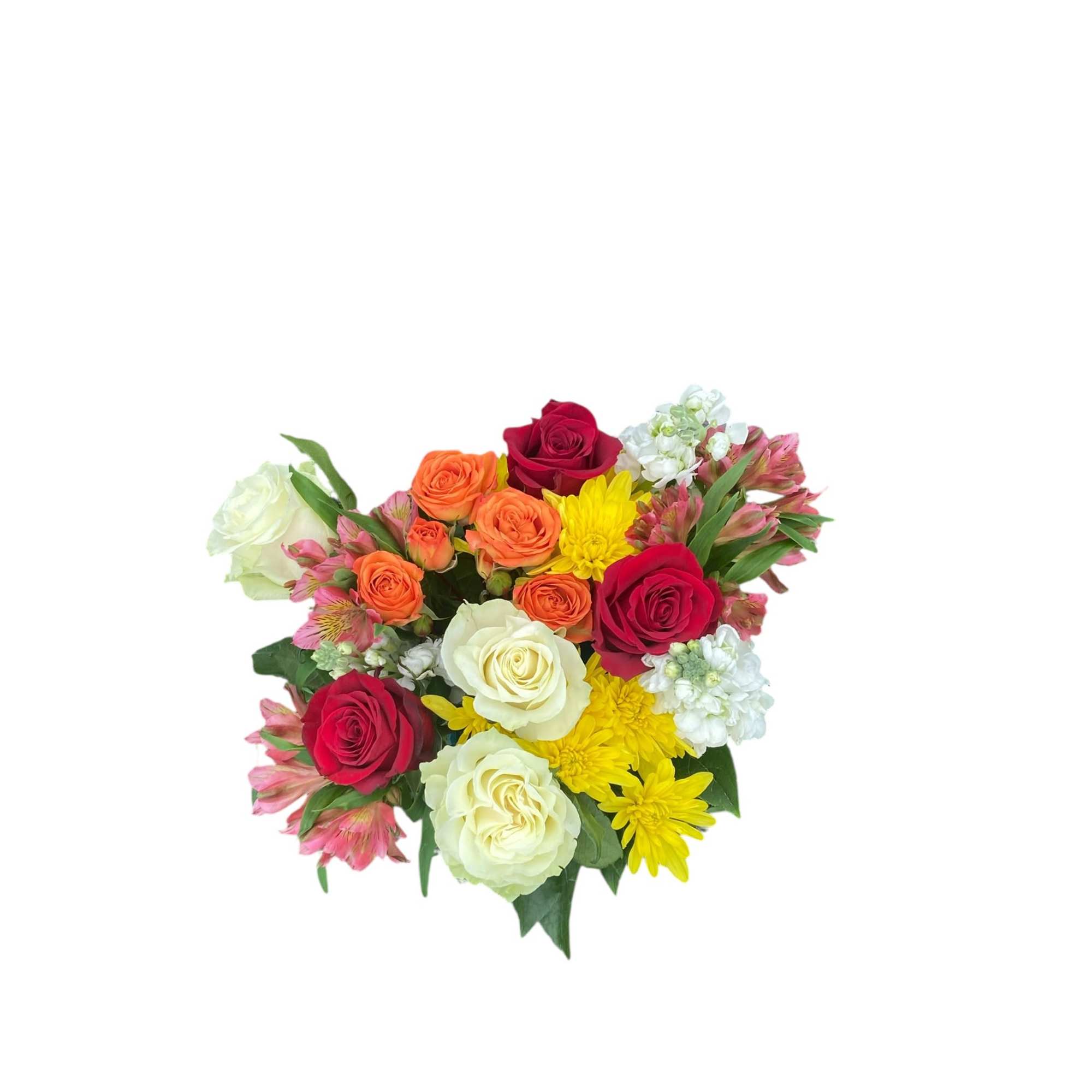Mixed bouquet of roses, daisies, and pink flowers