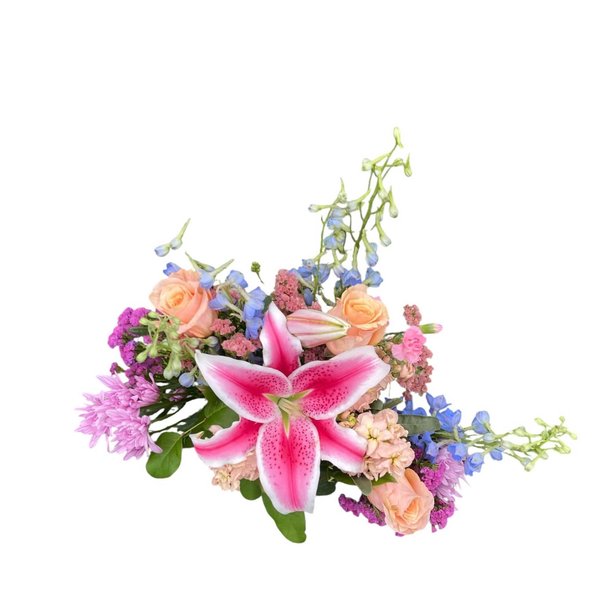 Bouquet with pink lilies, peach roses, and blue flowers